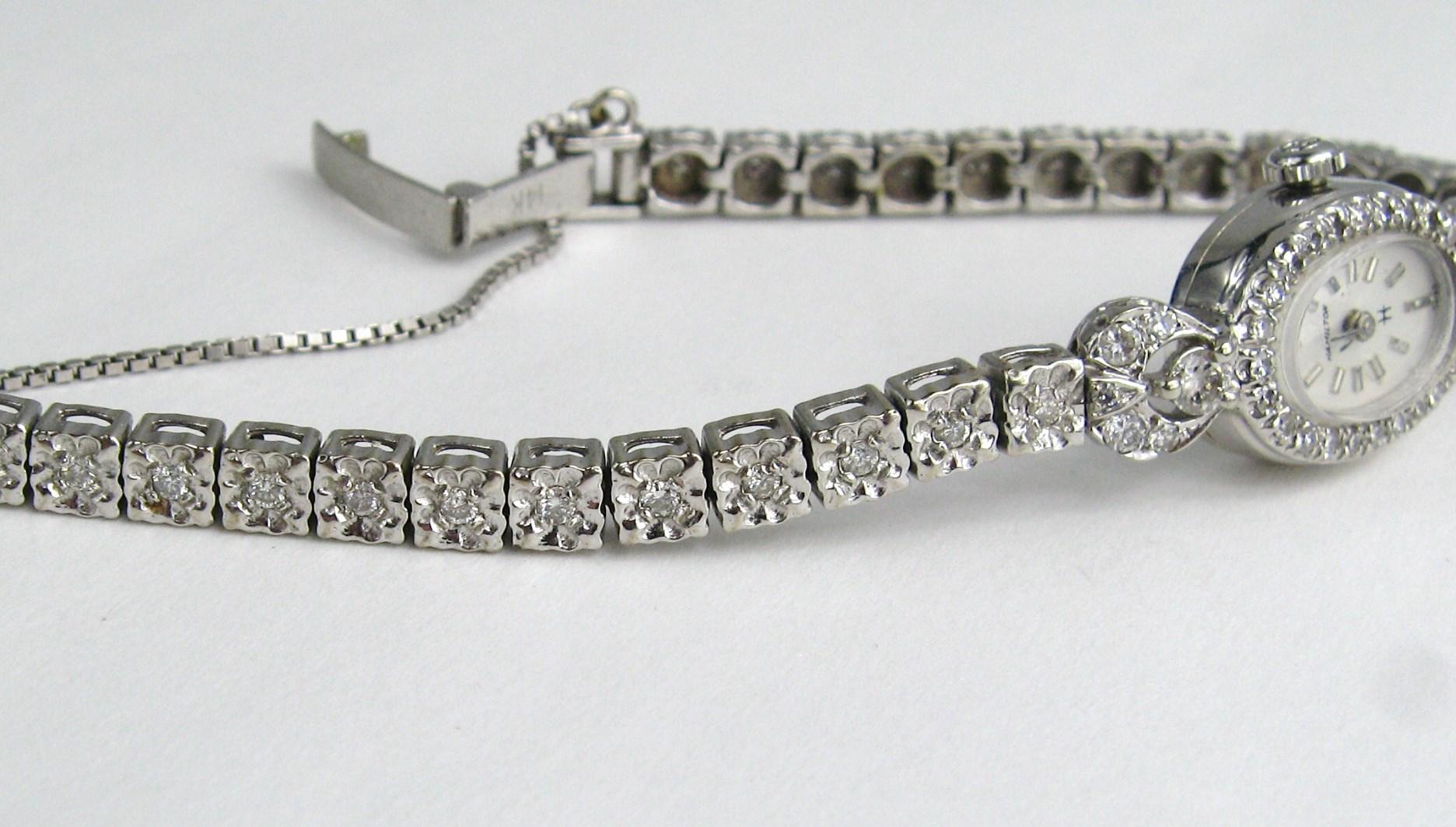 Retro Hamilton 14 Karat White Gold Diamond Dress Watch 17 Jewels, 1950s
