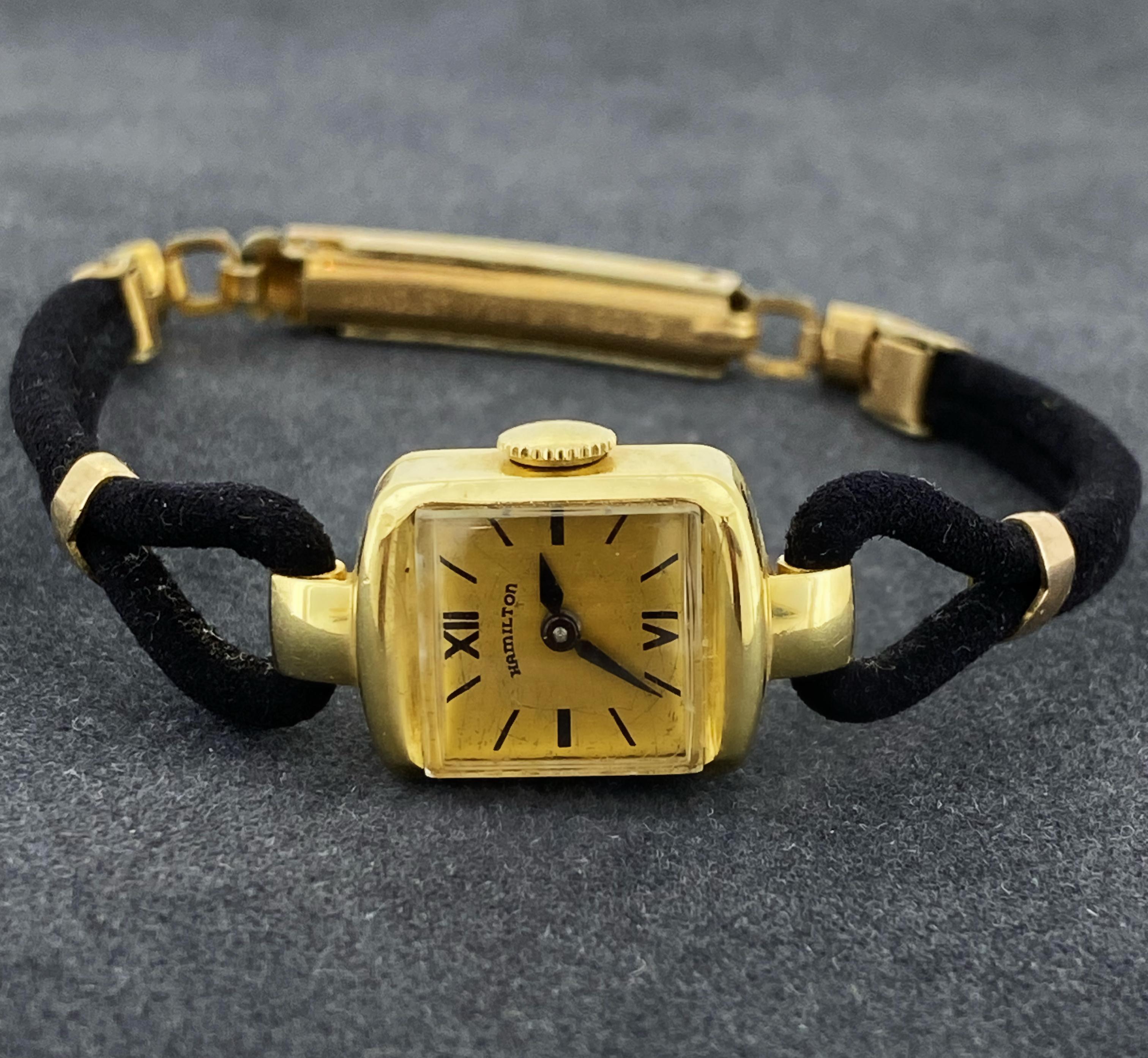 Hamilton 14K Yellow Gold Rectangle Retro c1950's Manual Ladies' Cocktail Watch For Sale 1