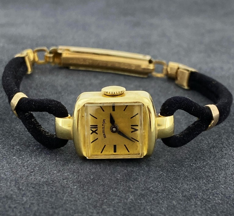 Hamilton 14K Yellow Gold Rectangle Retro c1950 display picture 2