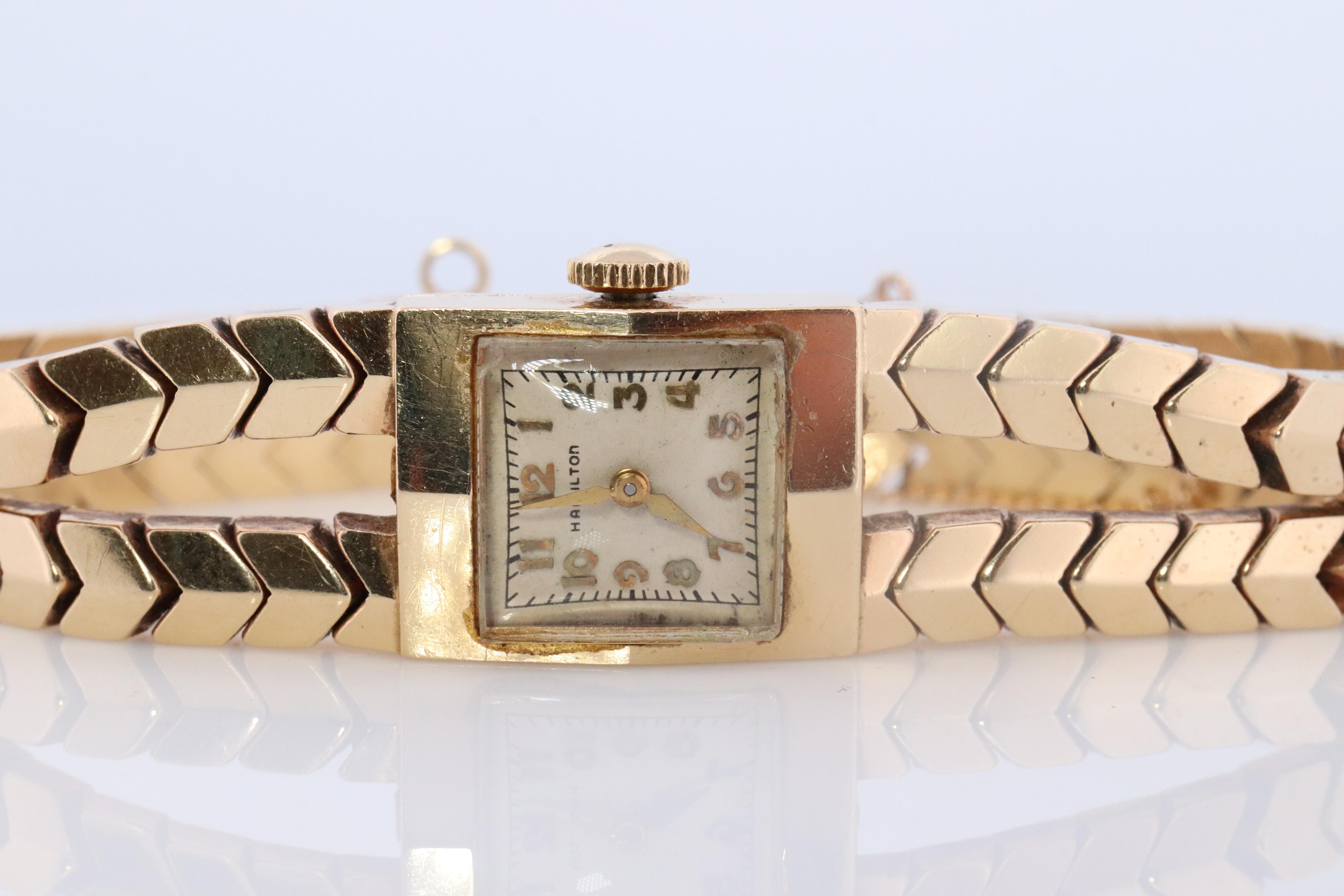Hamilton Uhr aus 14 Karat Gelbgold. Schwere 14k Damen- Mechanische Uhr aus der Mitte des Jahrhunderts. im Zustand „Gut“ im Angebot in Port Charlotte, FL