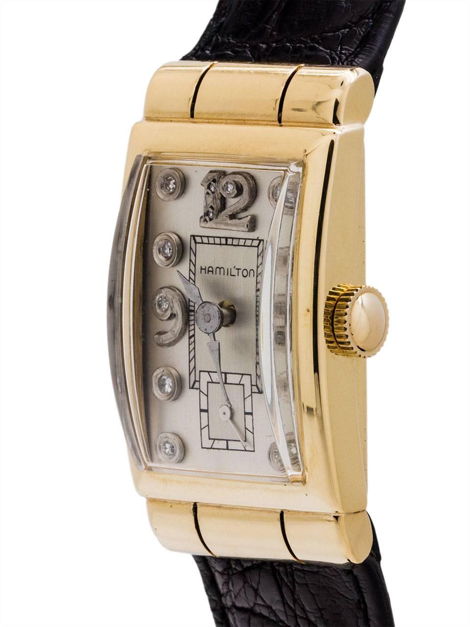 Hamilton 14 Karat YG Diamond Dial Hooded Lugs, circa 1950s In Excellent Condition In West Hollywood, CA