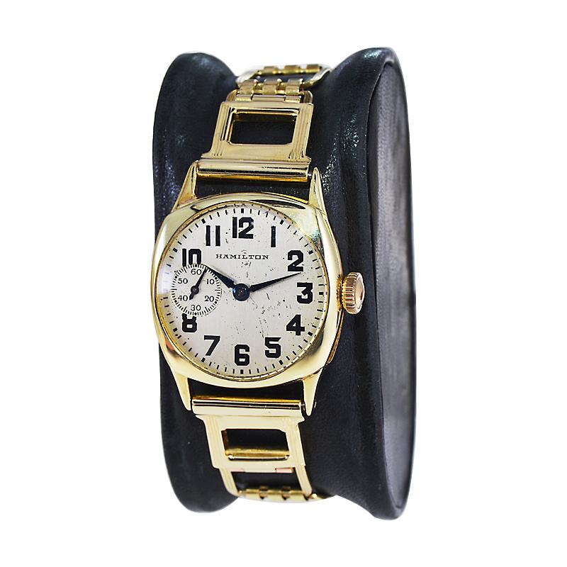 Art Deco Hamilton 14Kt. Gold Cushion Shaped Watch with Original Dial & Bracelet 1925 For Sale