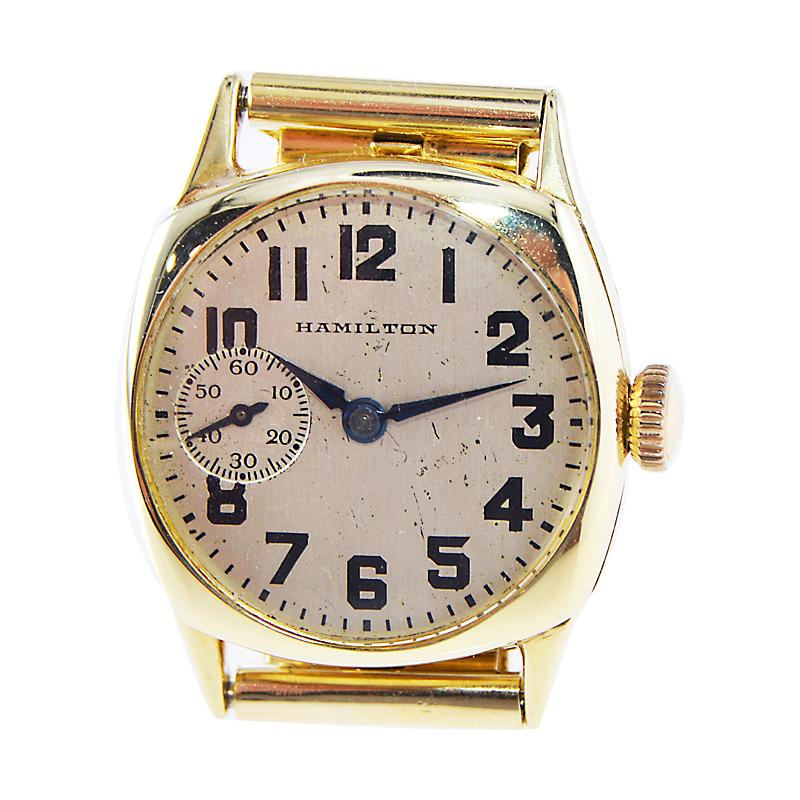 Women's or Men's Hamilton 14Kt. Gold Cushion Shaped Watch with Original Dial & Bracelet 1925 For Sale