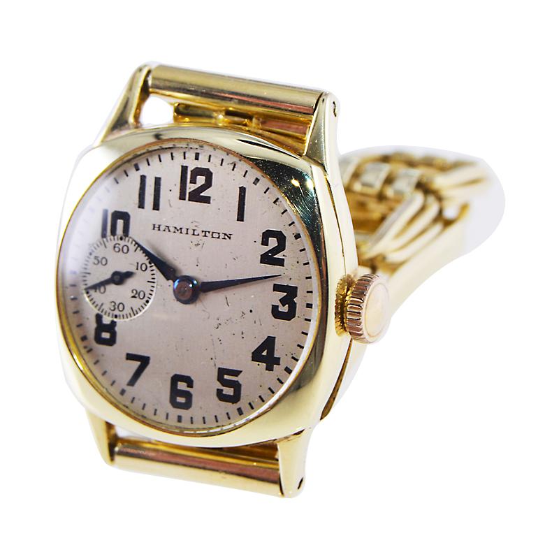 Hamilton 14Kt. Gold Cushion Shaped Watch with Original Dial & Bracelet 1925 For Sale 1