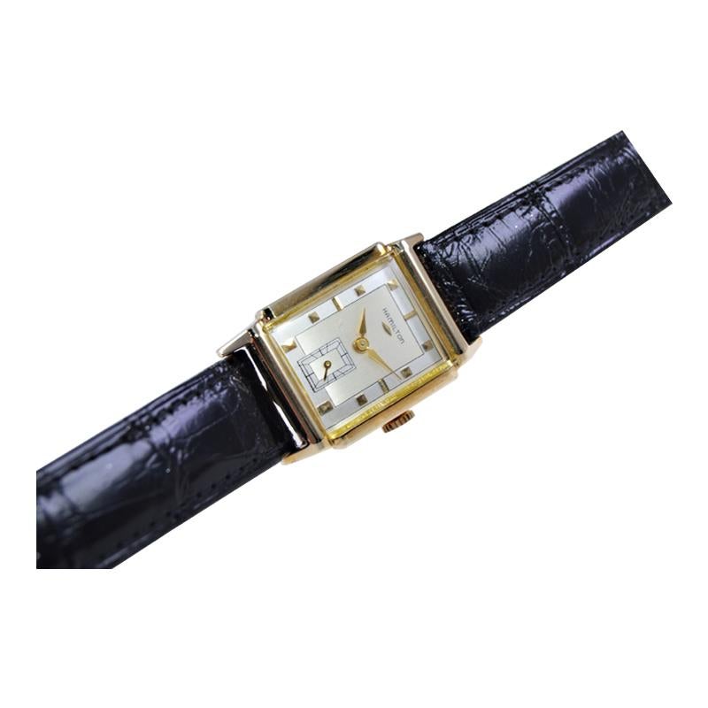 Hamilton 14Kt. Gold Filled Art Deco Style Watch Ca 1950's with Solid Gold In Excellent Condition In Long Beach, CA