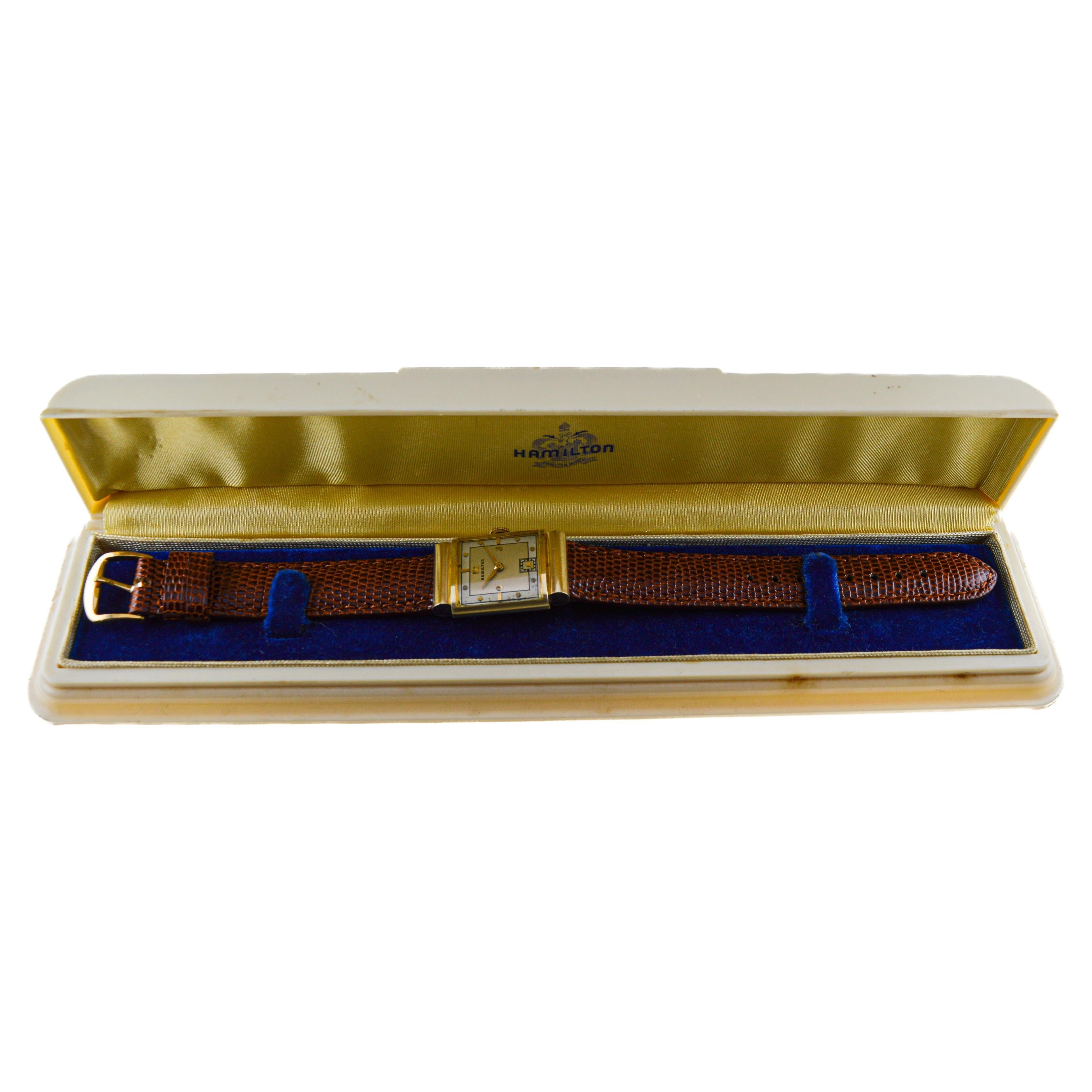 Hamilton 14Kt Gold "Midas" Art Deco Watch 1940's with Original Dial Strap & Box For Sale