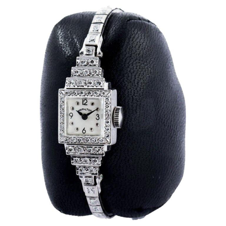 Vintage Lady Hamilton Classique Watch - Art Deco Style 14k White Gold with Diamonds