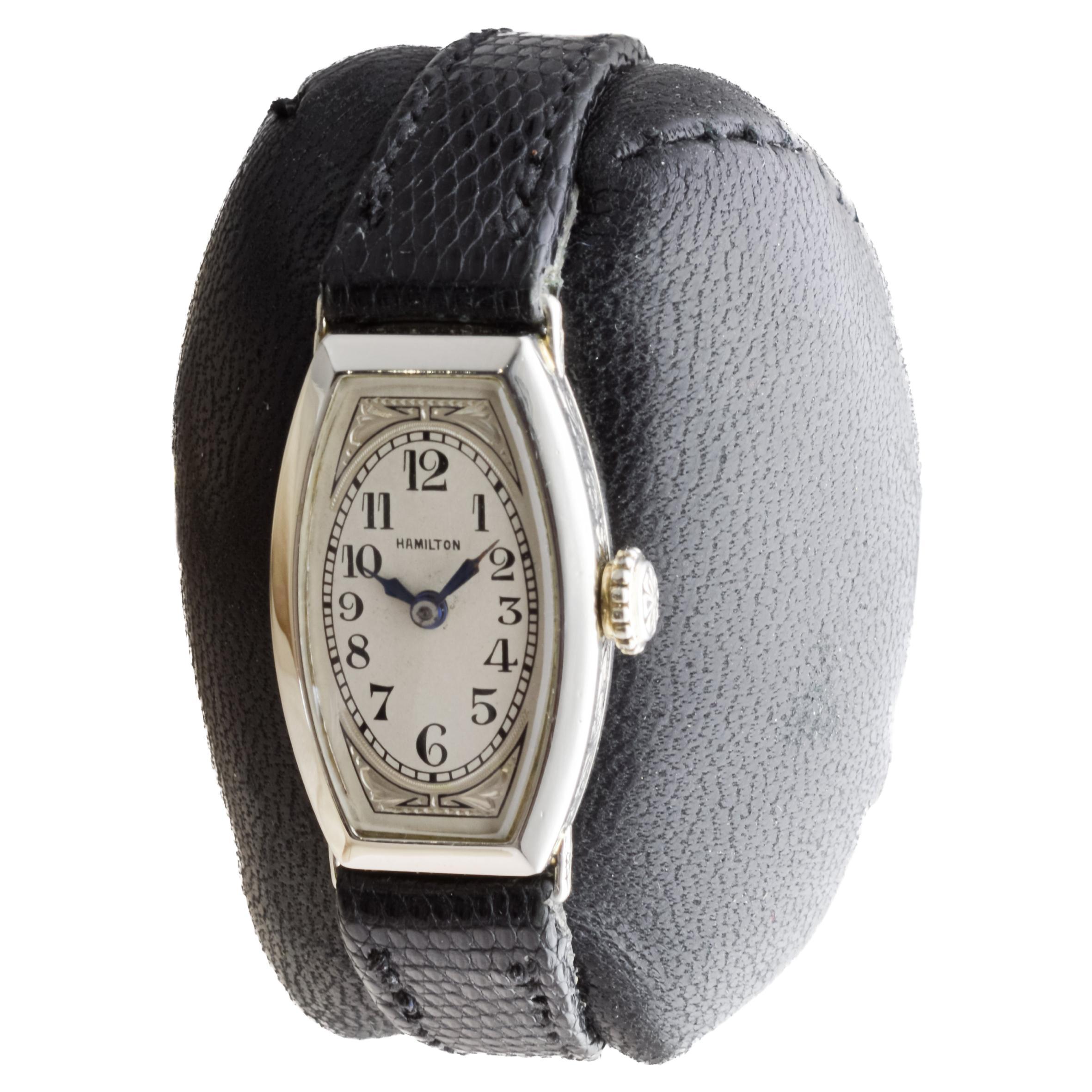 Women's Hamilton 14Kt Solid Gold Ladies Art Deco Tonneau Shaped Watch 1930's For Sale