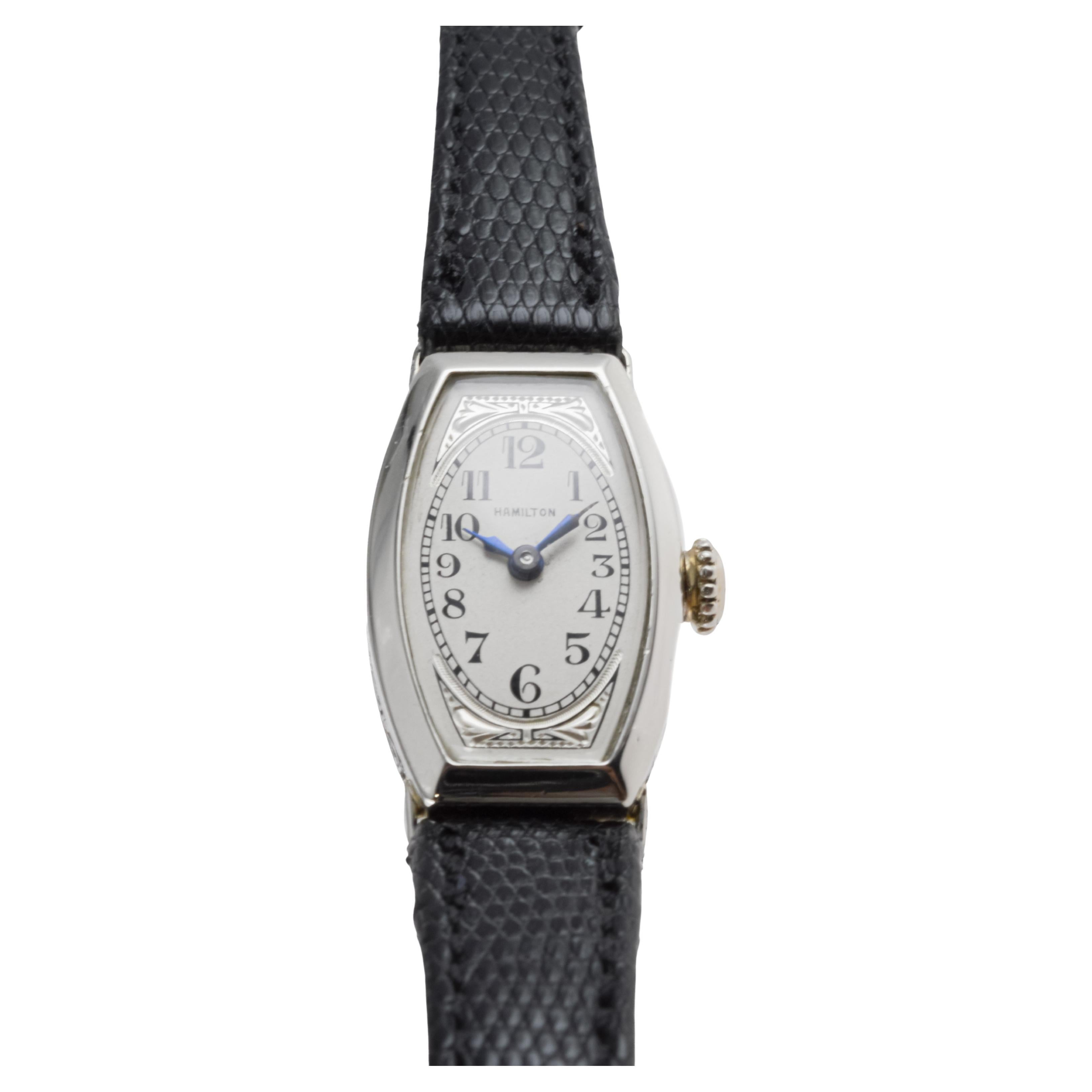 Hamilton 14Kt Solid Gold Ladies Art Deco Tonneau Shaped Watch 1930's For Sale 2