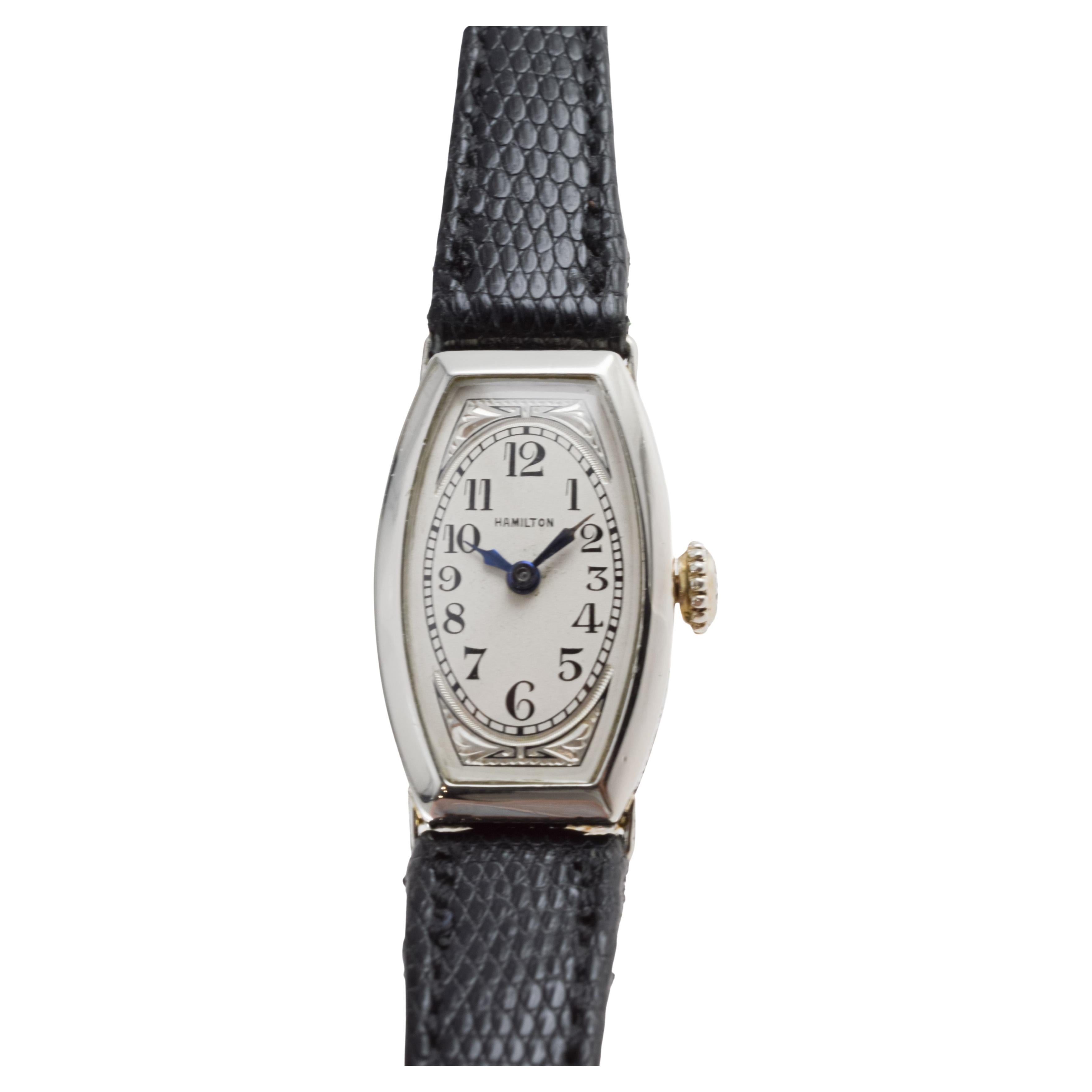 Hamilton 14Kt Solid Gold Ladies Art Deco Tonneau Shaped Watch 1930's For Sale 3