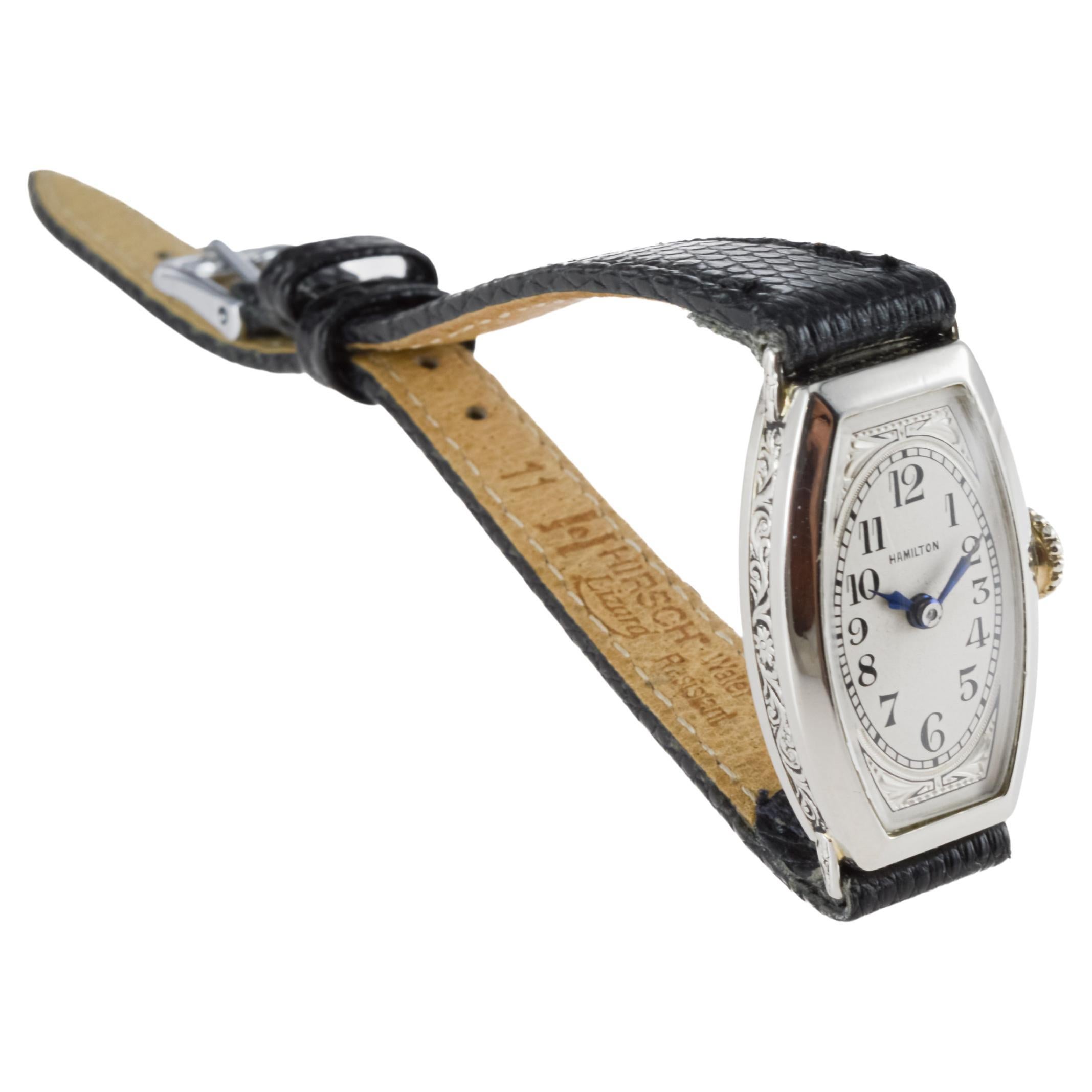 Hamilton 14Kt Solid Gold Ladies Art Deco Tonneau Shaped Watch 1930's For Sale 4