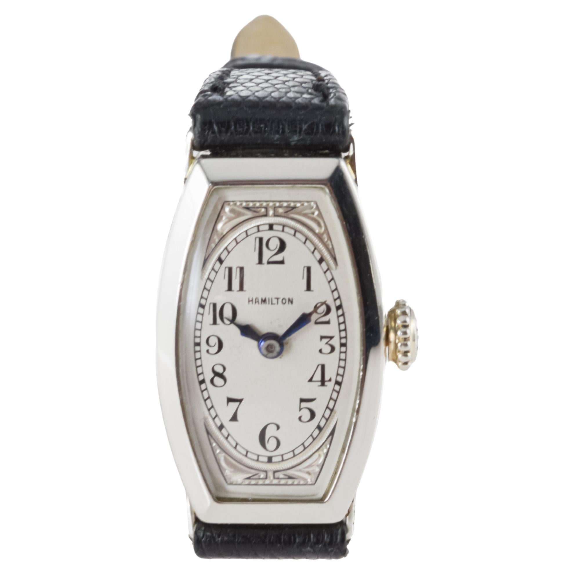 Hamilton 14Kt Solid Gold Ladies Art Deco Tonneau Shaped Watch 1930's For Sale 5