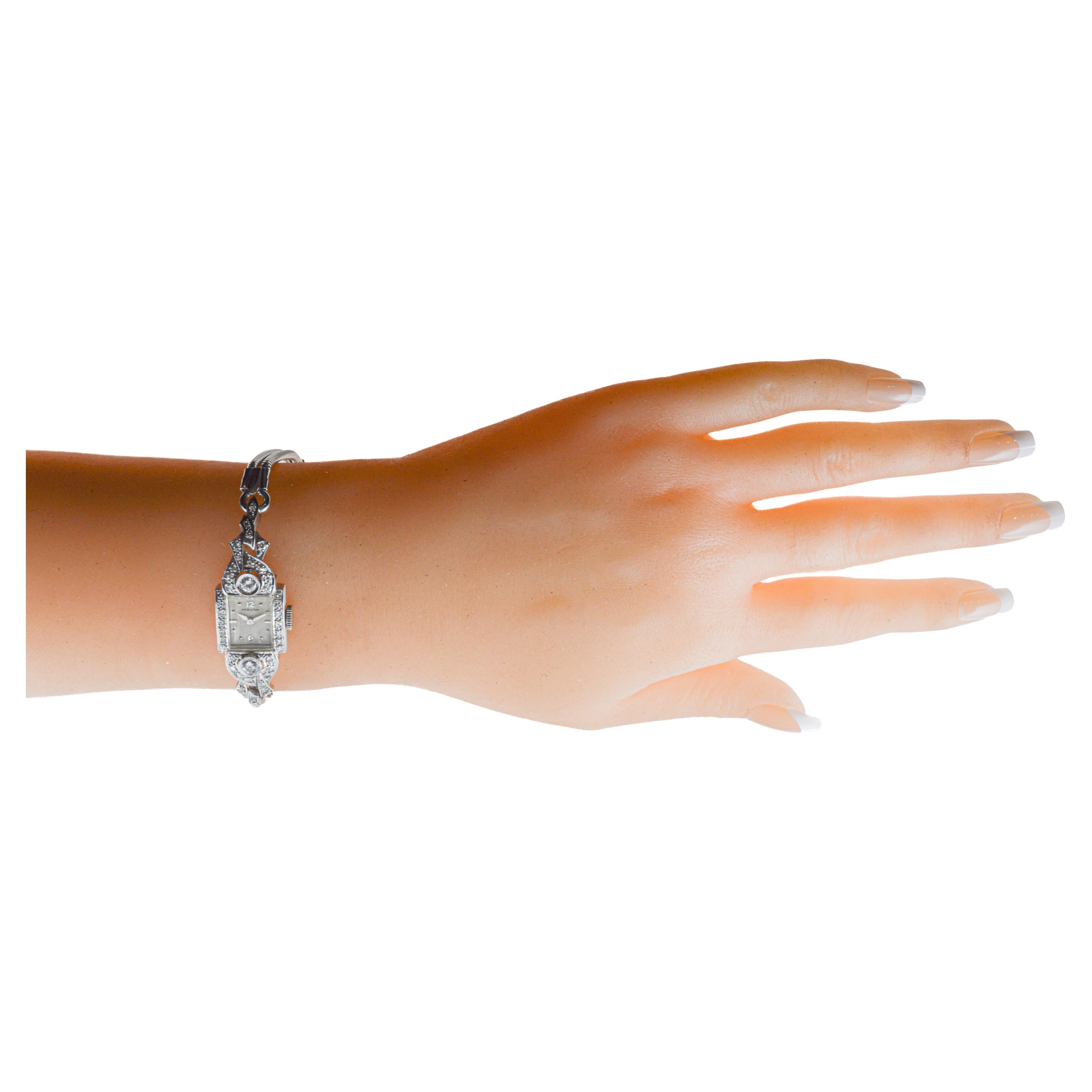 Hamilton 14Kt Solid White Gold Ladies Art Deco Watch circa 1950's For Sale 6