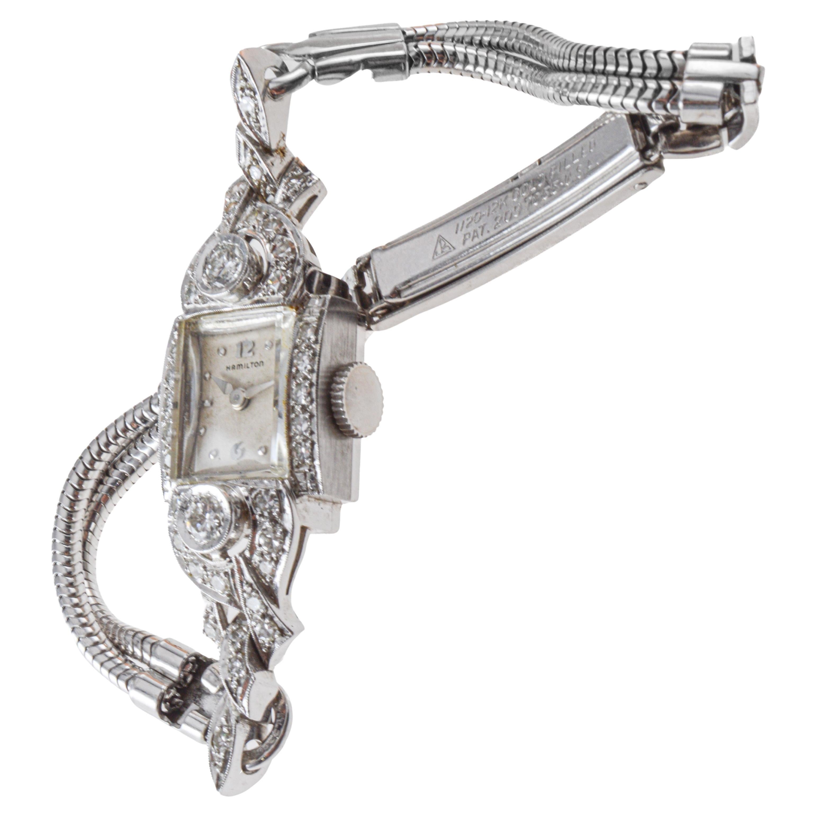 Hamilton 14Kt Solid White Gold Ladies Art Deco Watch circa 1950's In Excellent Condition For Sale In Long Beach, CA