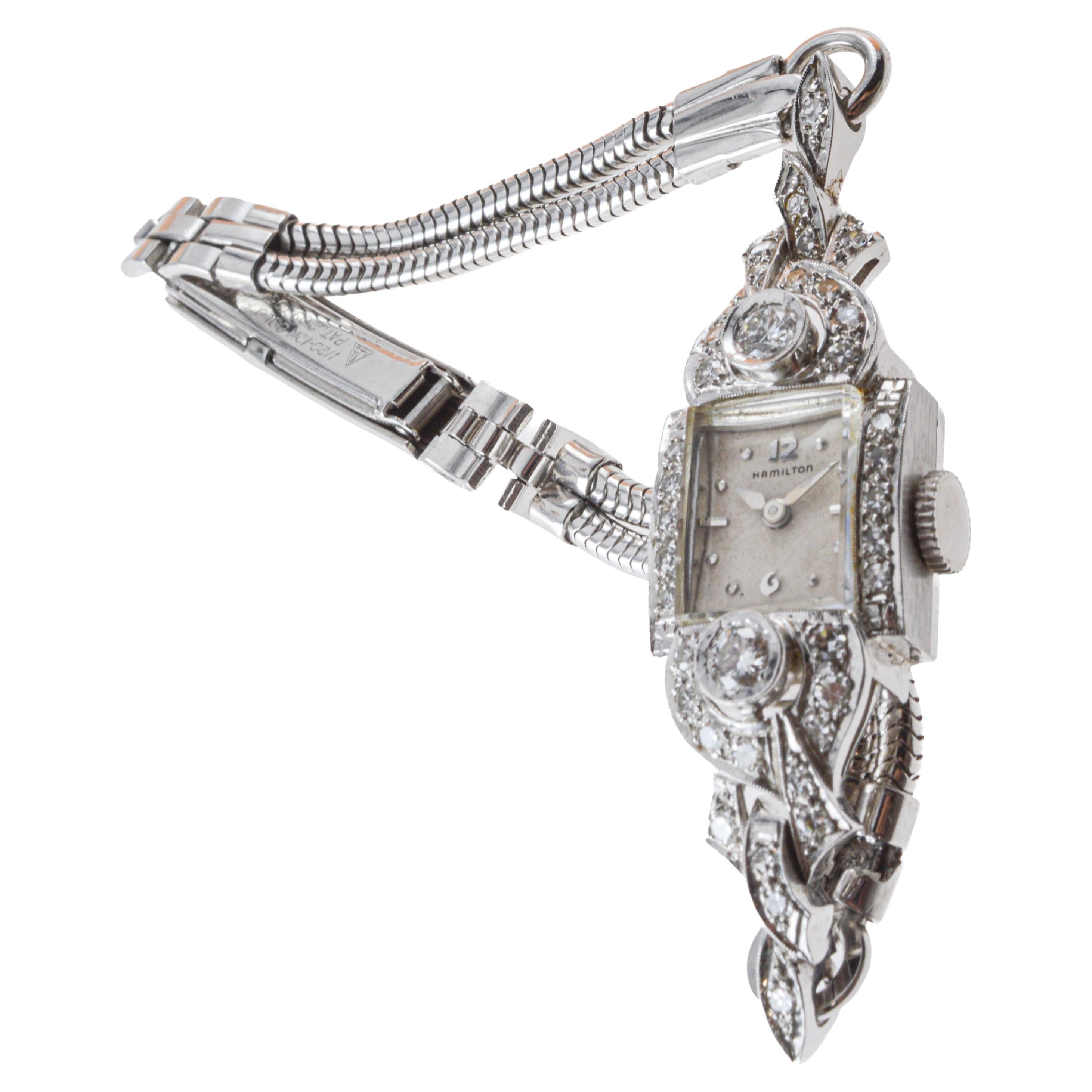 Women's Hamilton 14Kt Solid White Gold Ladies Art Deco Watch circa 1950's For Sale
