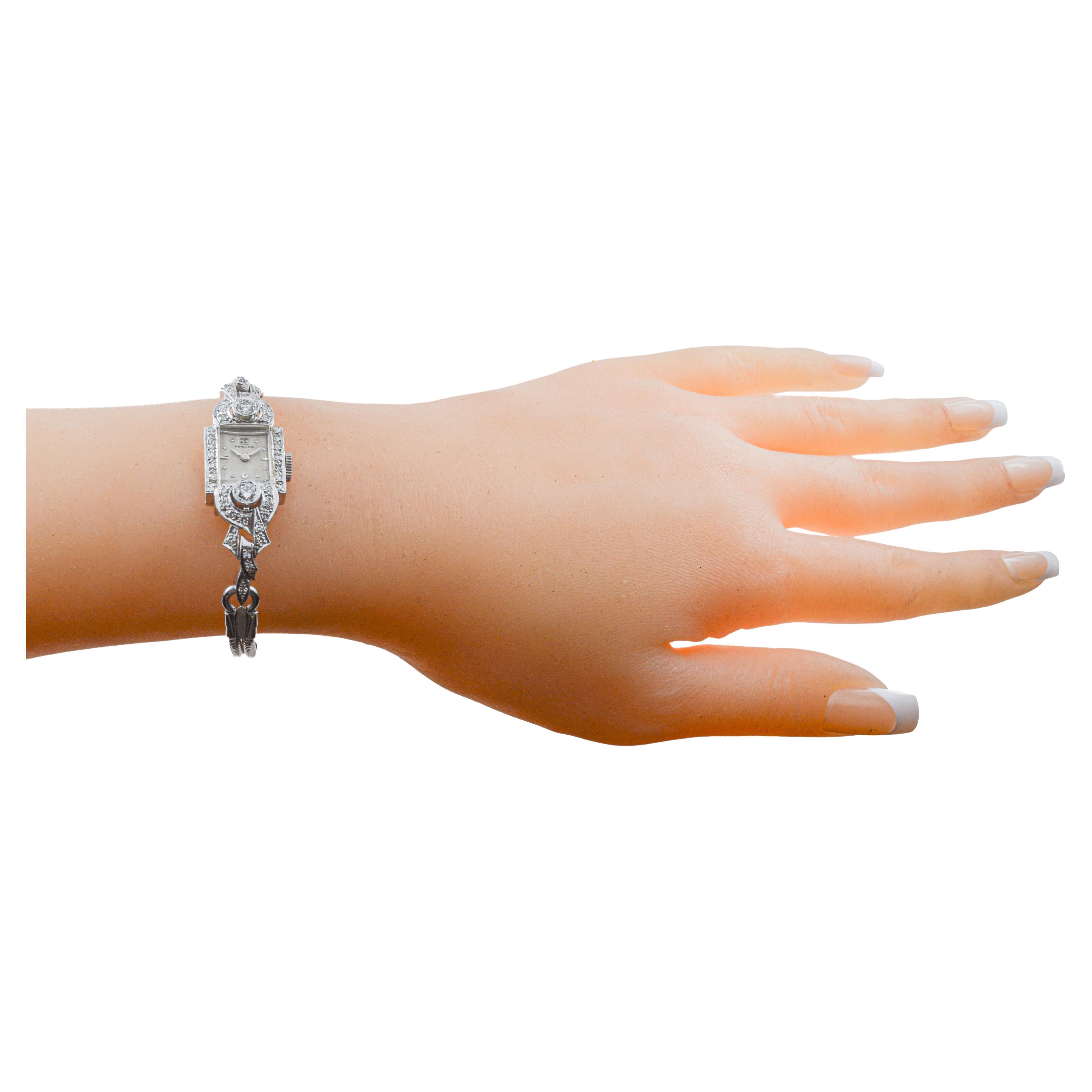 Hamilton 14Kt Solid White Gold Ladies Art Deco Watch circa 1950's For Sale 5