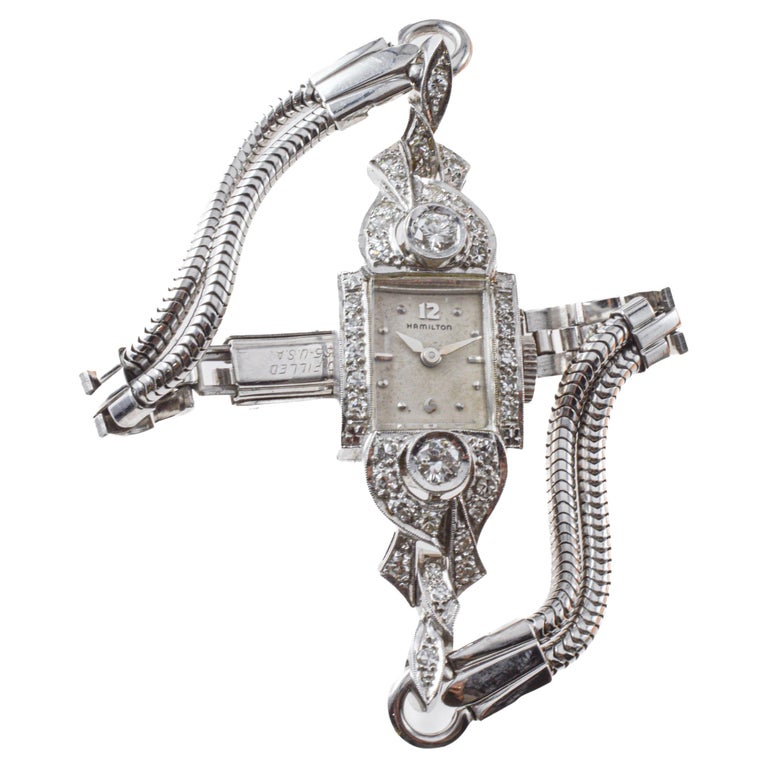 Hamilton 14Kt Solid White Gold Ladies Art Deco Watch circa  display picture 1