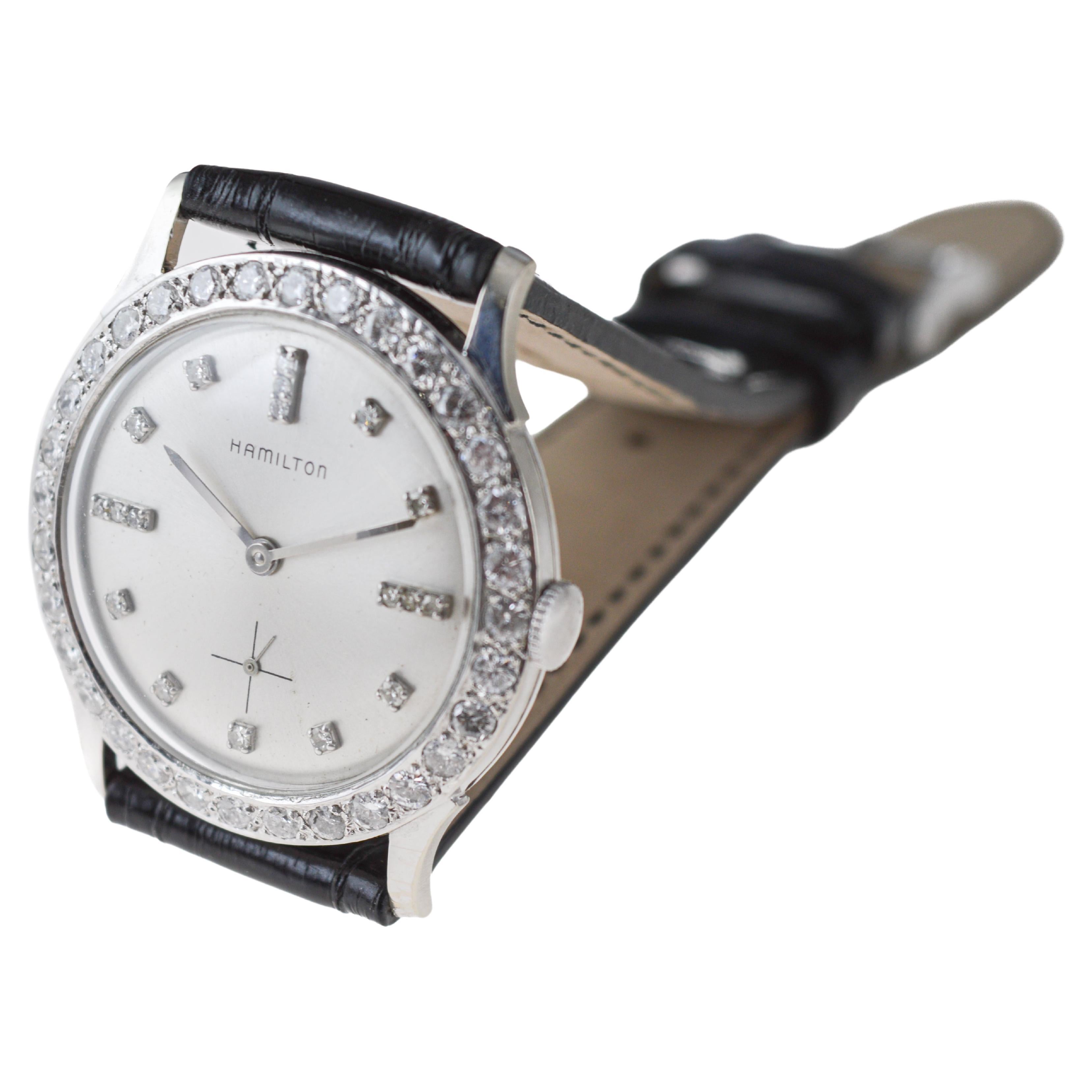 Hamilton Dress Watch in oro bianco 14Kt con lunetta di diamanti originale degli anni '50 in vendita 5