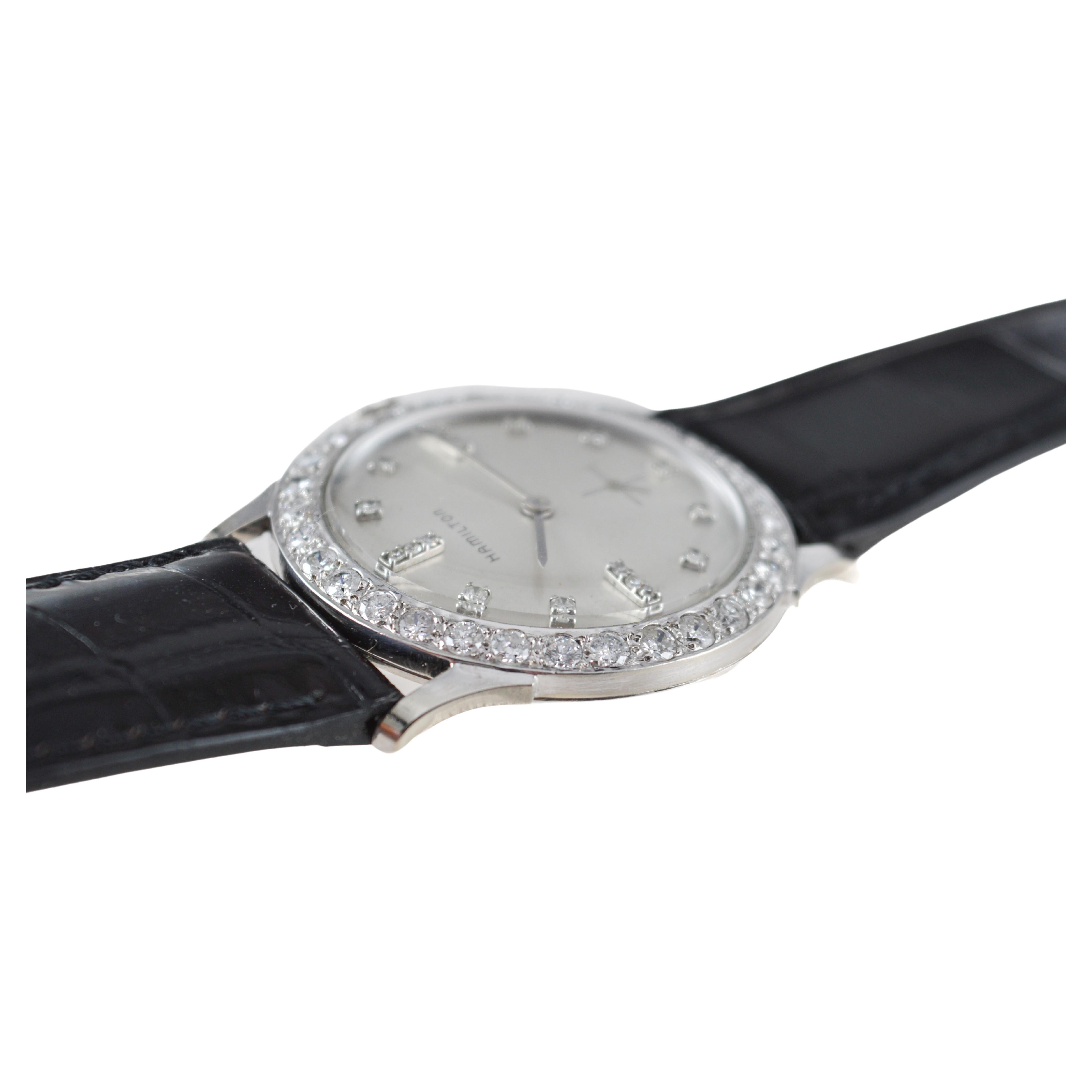 Hamilton Dress Watch in oro bianco 14Kt con lunetta di diamanti originale degli anni '50 in vendita 6