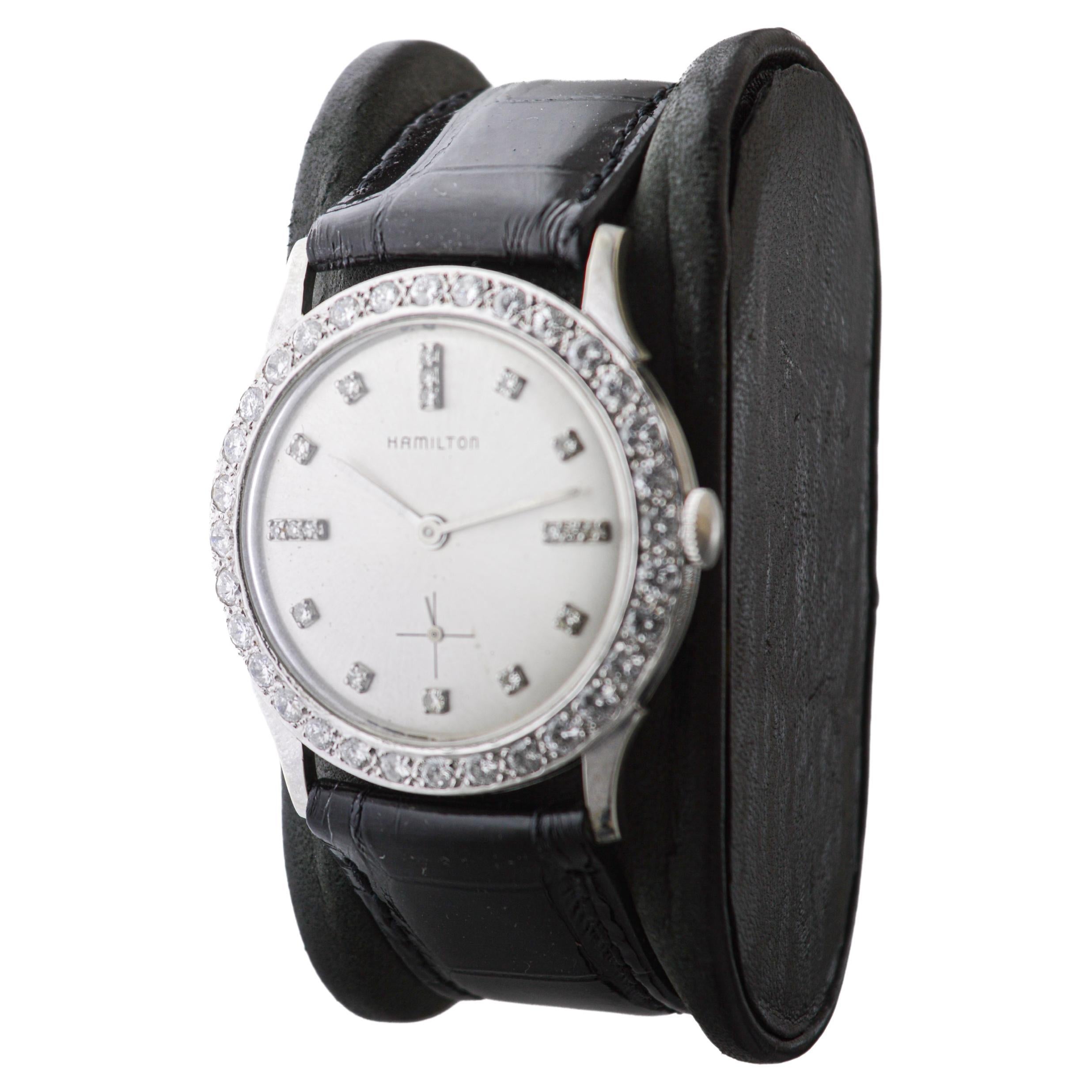 da uomo o donna Hamilton Dress Watch in oro bianco 14Kt con lunetta di diamanti originale degli anni '50 in vendita