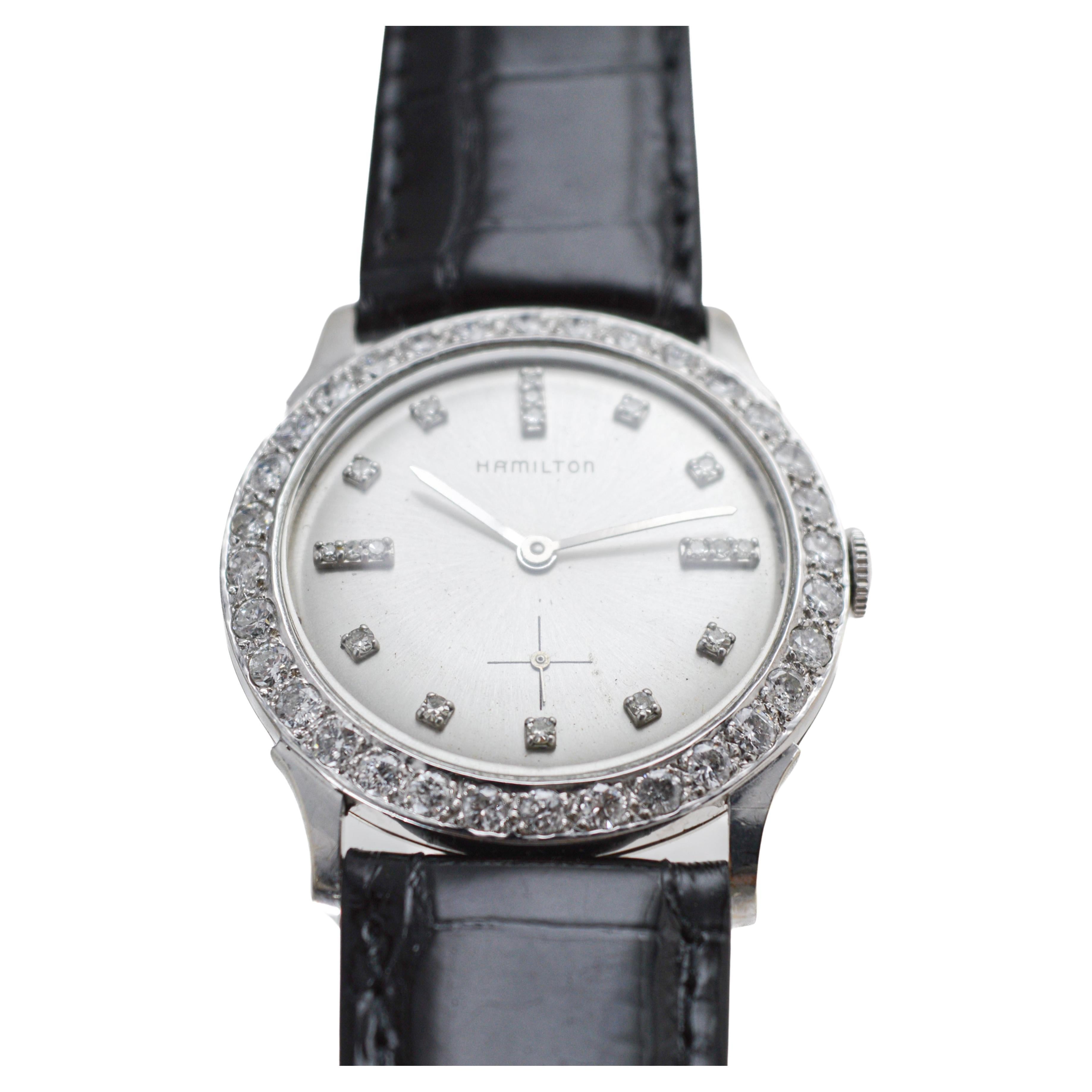 Hamilton Dress Watch in oro bianco 14Kt con lunetta di diamanti originale degli anni '50 in vendita 2