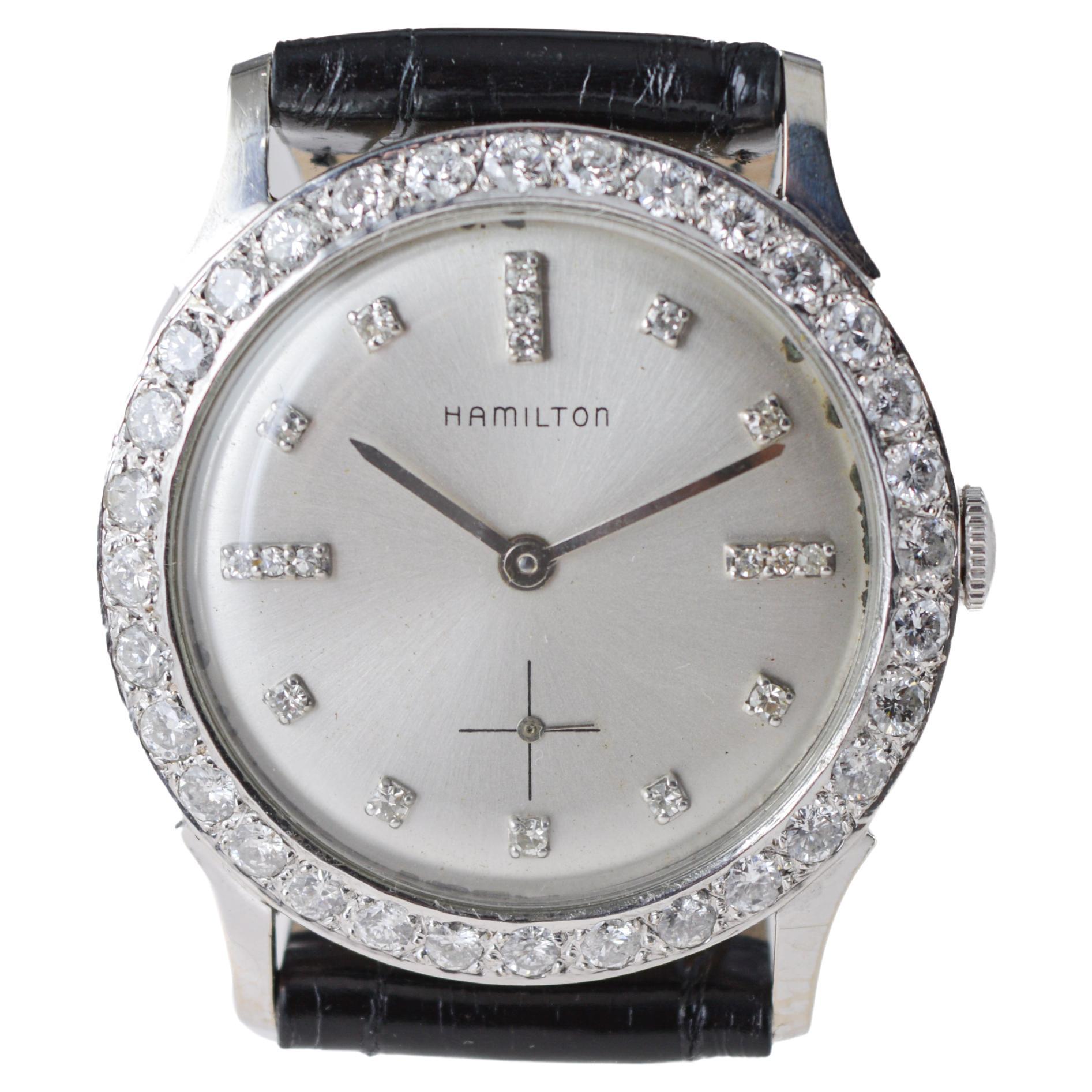 Hamilton Dress Watch in oro bianco 14Kt con lunetta di diamanti originale degli anni '50 in vendita 4
