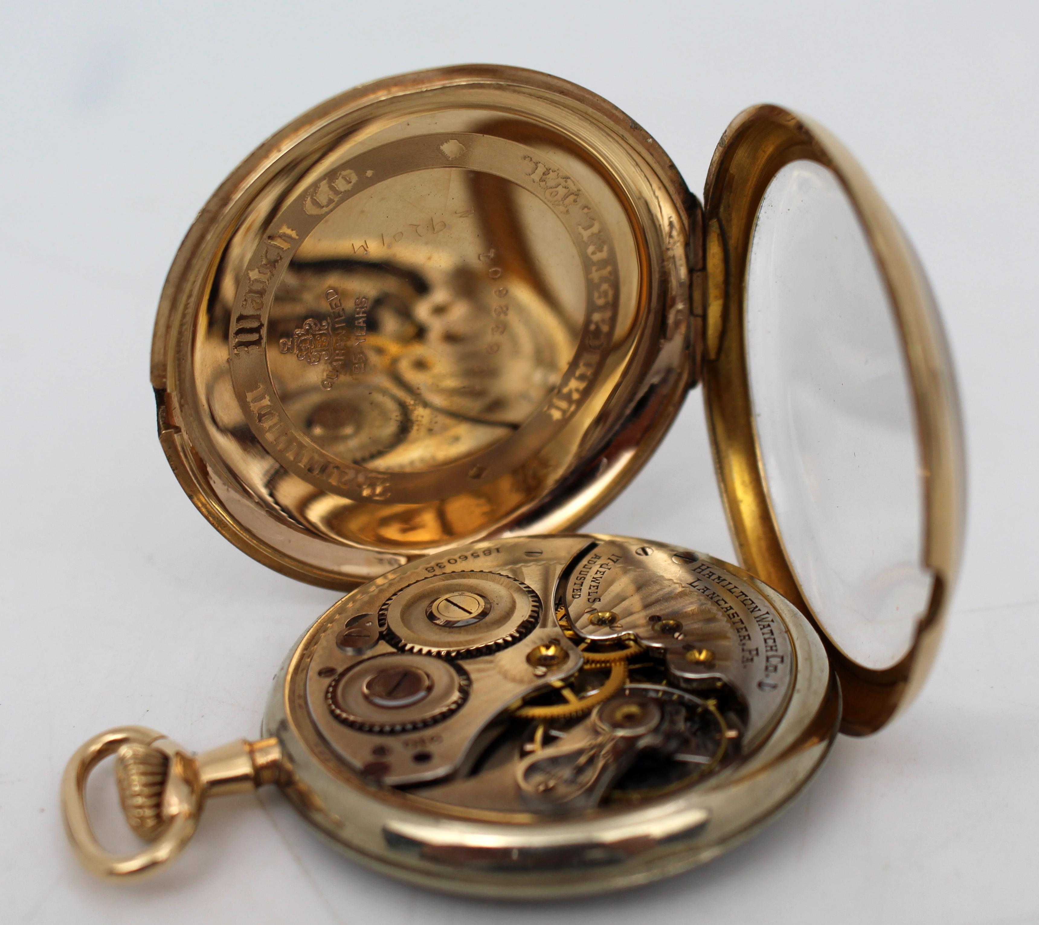 Montre de poche Hamilton 17 Jewell Full Hunter, c.C. 1925 - Boîtier doré en vente 4