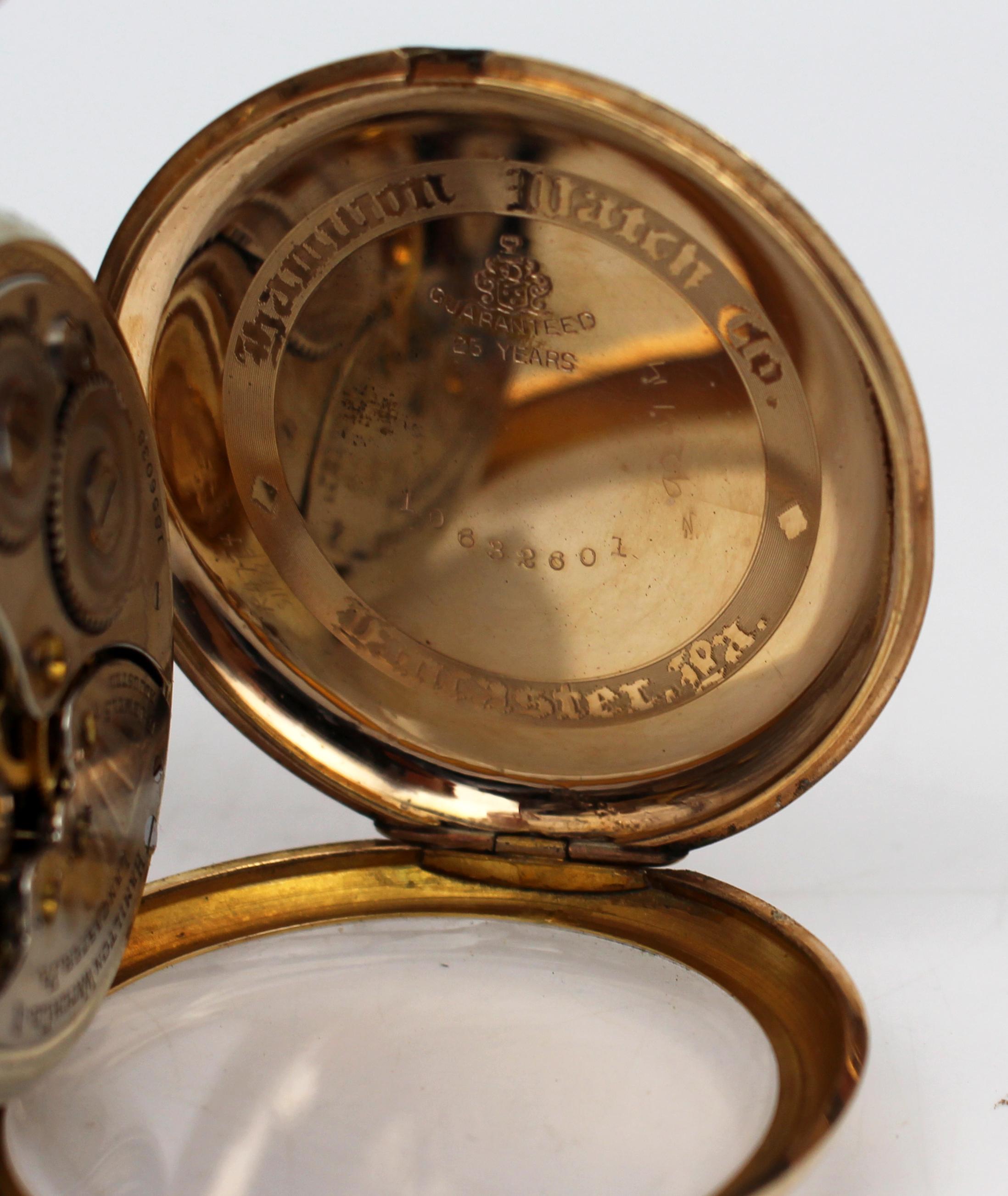 Montre de poche Hamilton 17 Jewell Full Hunter, c.C. 1925 - Boîtier doré en vente 6
