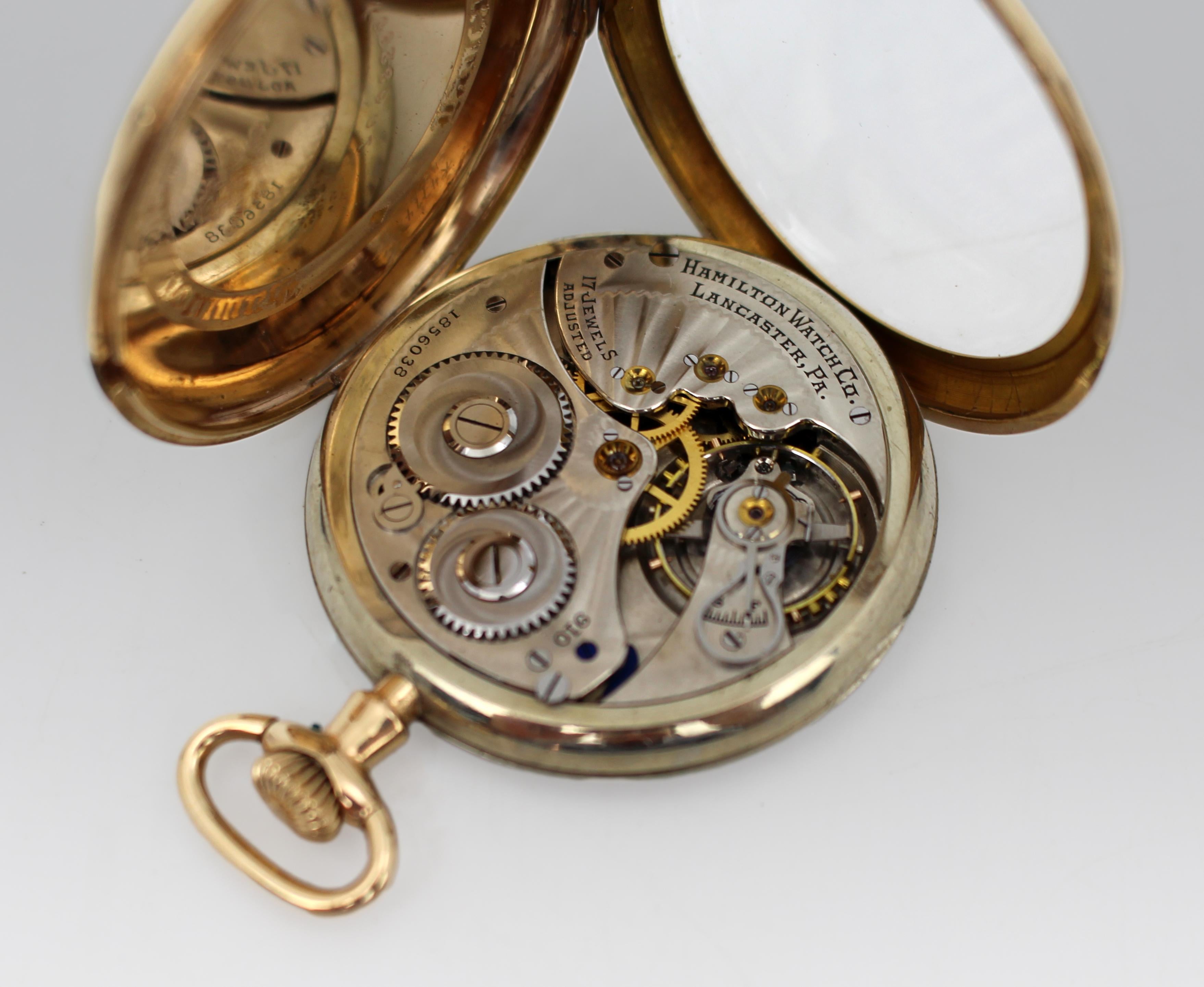 Montre de poche Hamilton 17 Jewell Full Hunter, c.C. 1925 - Boîtier doré en vente 3