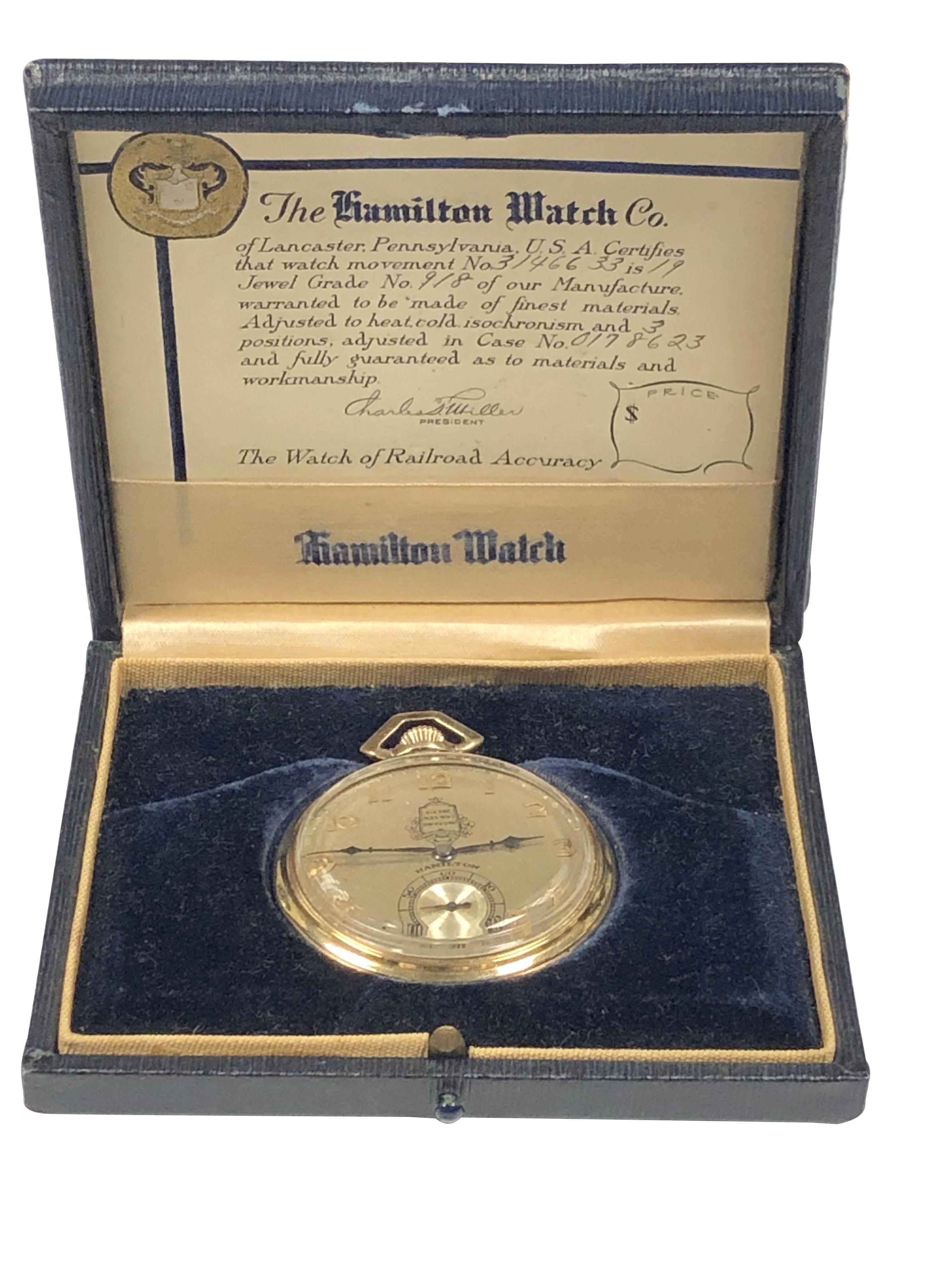 Hamilton 1930 Packard Motor Car Company Gold Pocket Watch Presentation In Excellent Condition In Chicago, IL