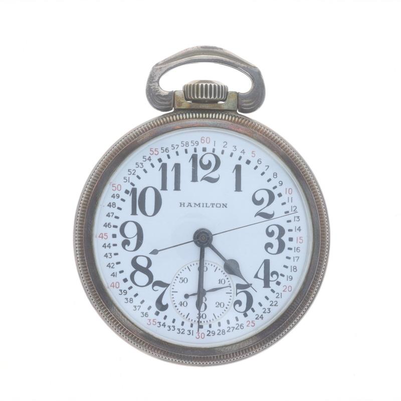Brand: Hamilton
Model: 5 Navigation Master Watch
Movement: Mechanical
Number of Jewels: 22
Year: 1942
Movement Maker: United States
Dial Color: White

Grade: 3992B 
Size: 16s 

Metal Content: 800 Silver

Style: Open Face
Features: 
Montgomery dial