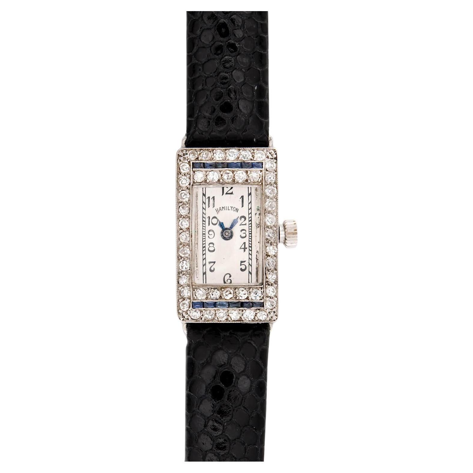 HAMILTON Reloj de pulsera Art Déco para señora de 18 quilates con diamantes y zafiro