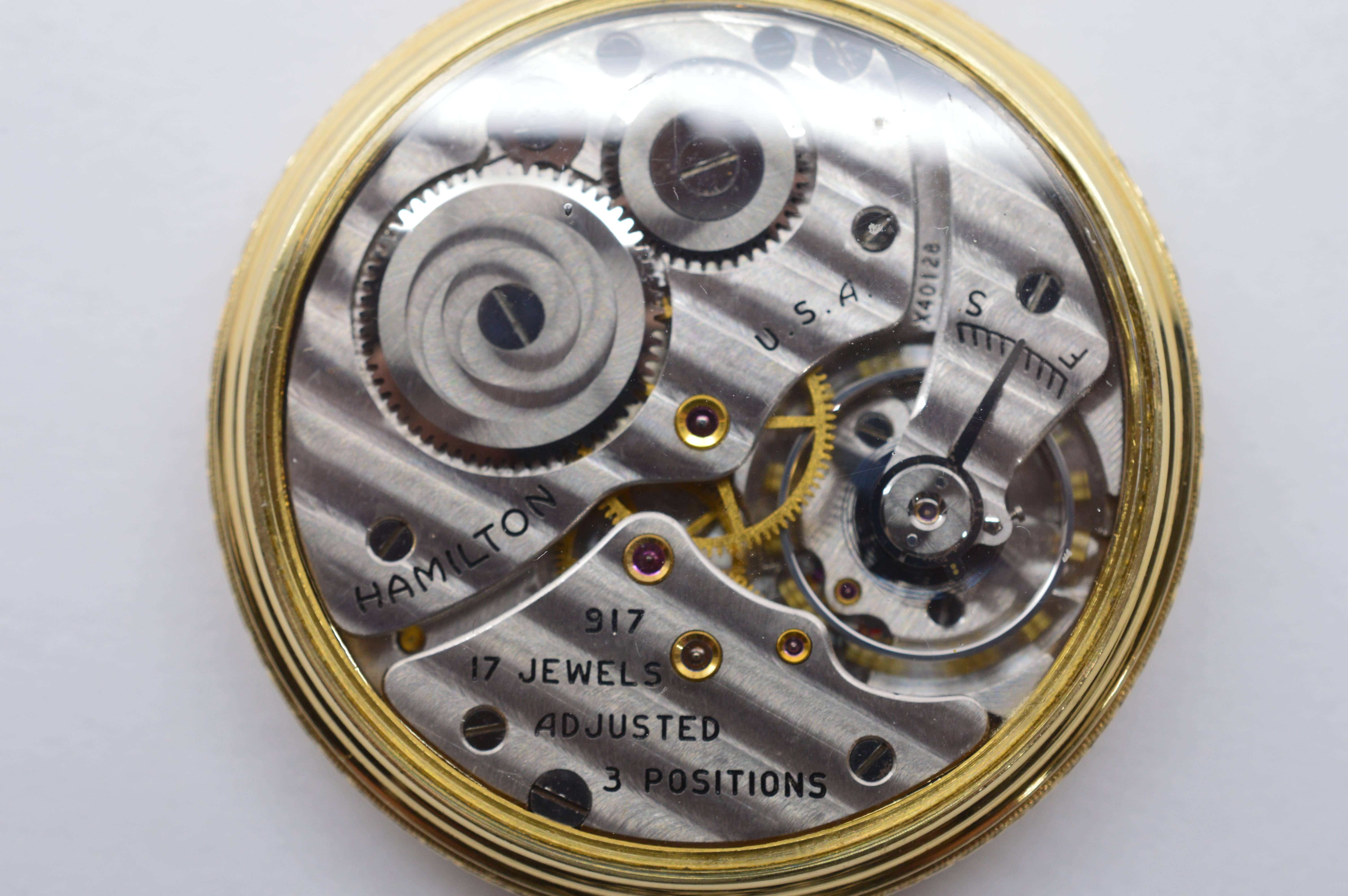 Hamilton Brass Pocket Watch with Display Back In Excellent Condition For Sale In Mount Kisco, NY