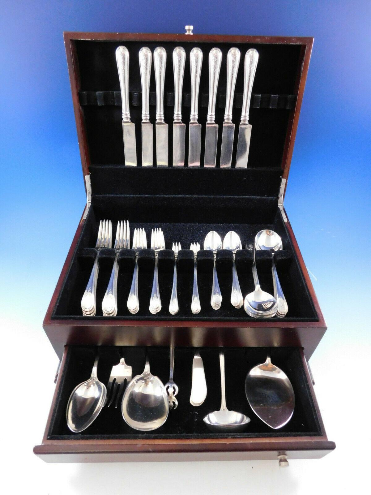Scarce dinner size Hamilton by Gorham, circa 1909 sterling silver flatware set with Classic threaded design, 63 pieces. This set includes:

8 dinner size knives w/plated blunt blades, 9 1/2