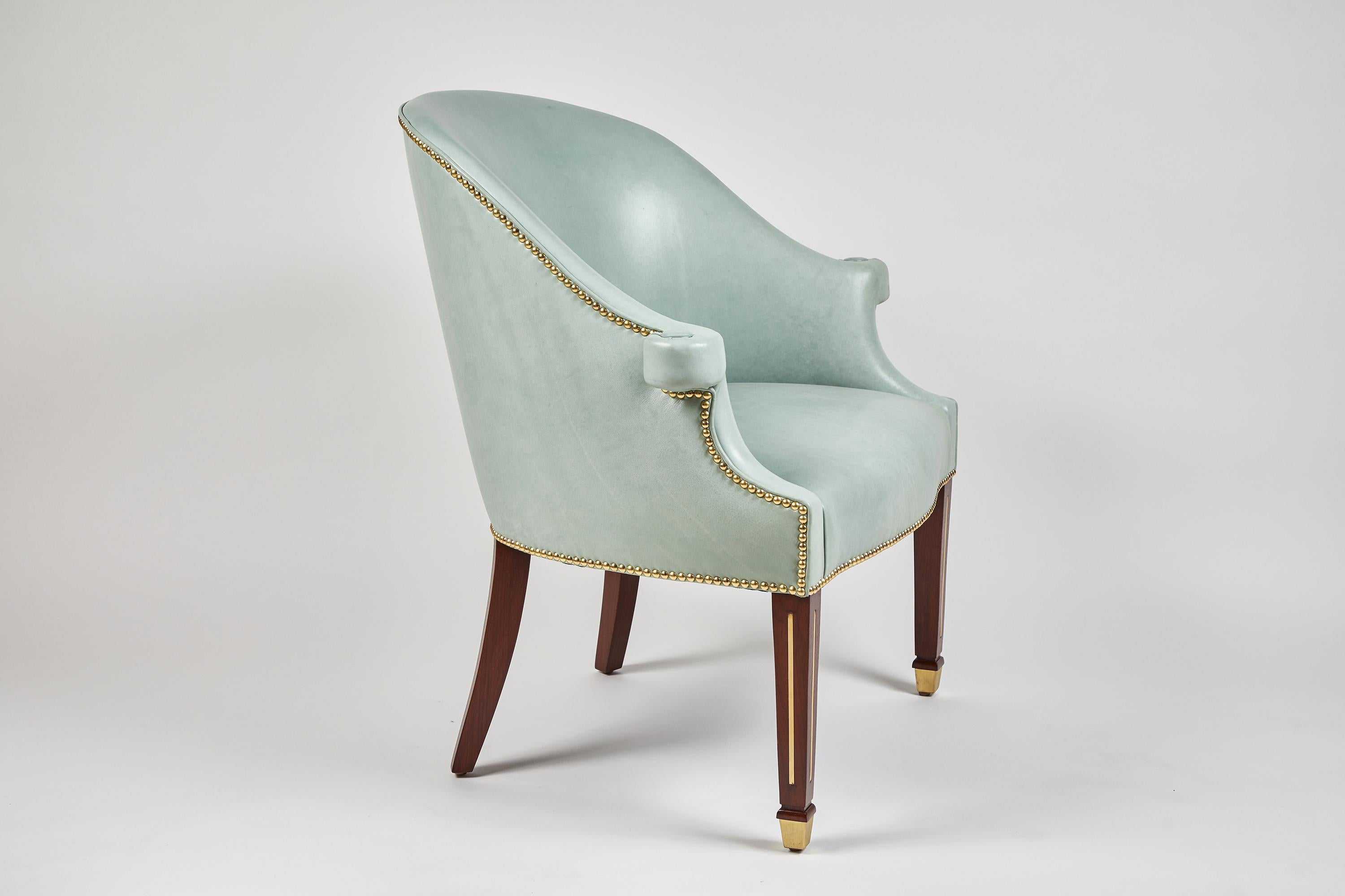 The Hamilton chair, an over-scaled, rather traditional chair all dressed-up and ready to go with legs inlaid with brass, and finished with a sabot. This item is fully customizable.
As chairs are made to order, when produced to specifications they