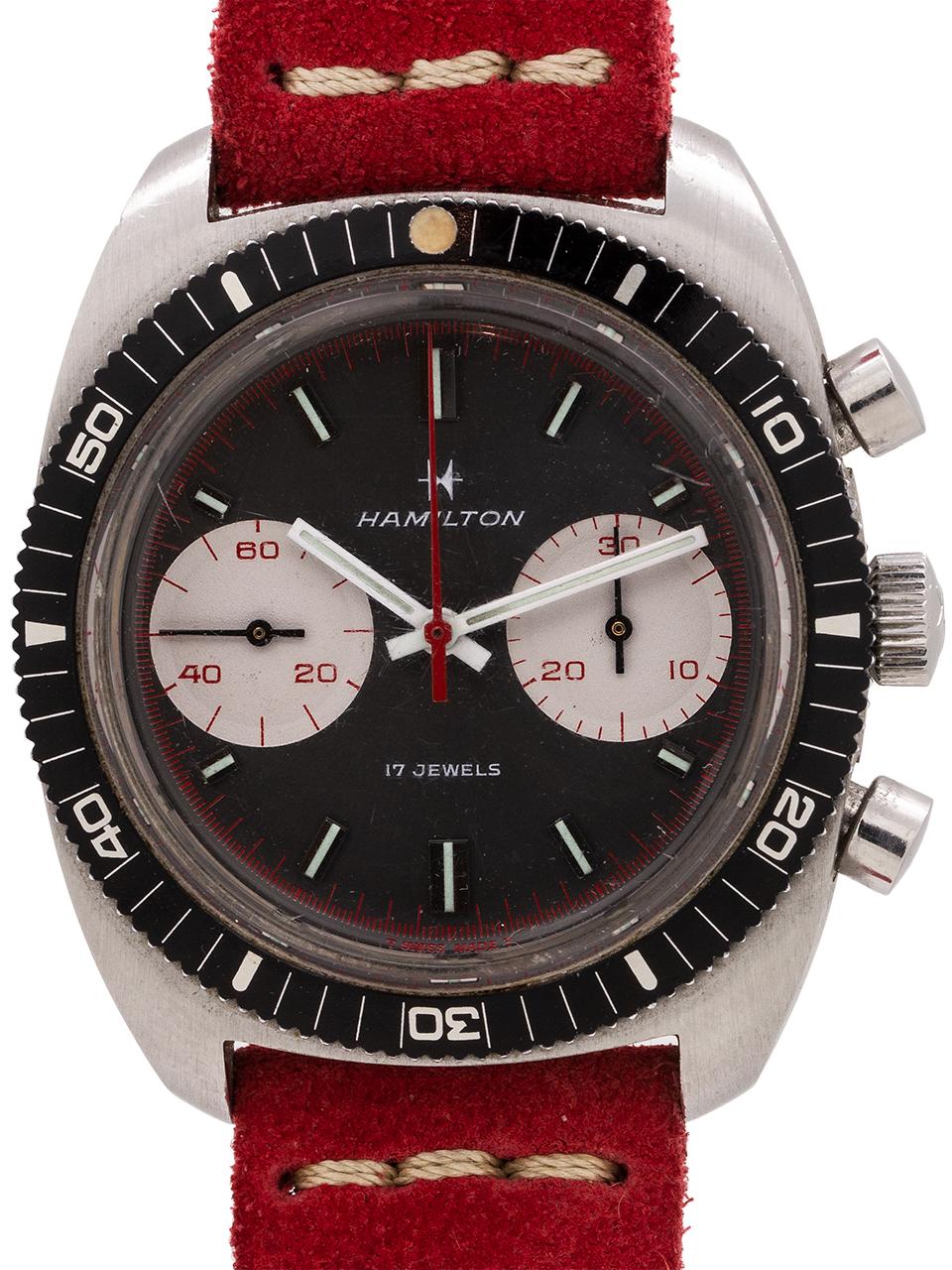 
Hamilton SS “big eye” chrono-Diver model 647, circa 1970’s. 39 x 40mm cushion shaped case heavy and thick design with round shoulders. With elapsed time bezel, round pushers and screw down caseback. With acrylic crystal and very pleasing original