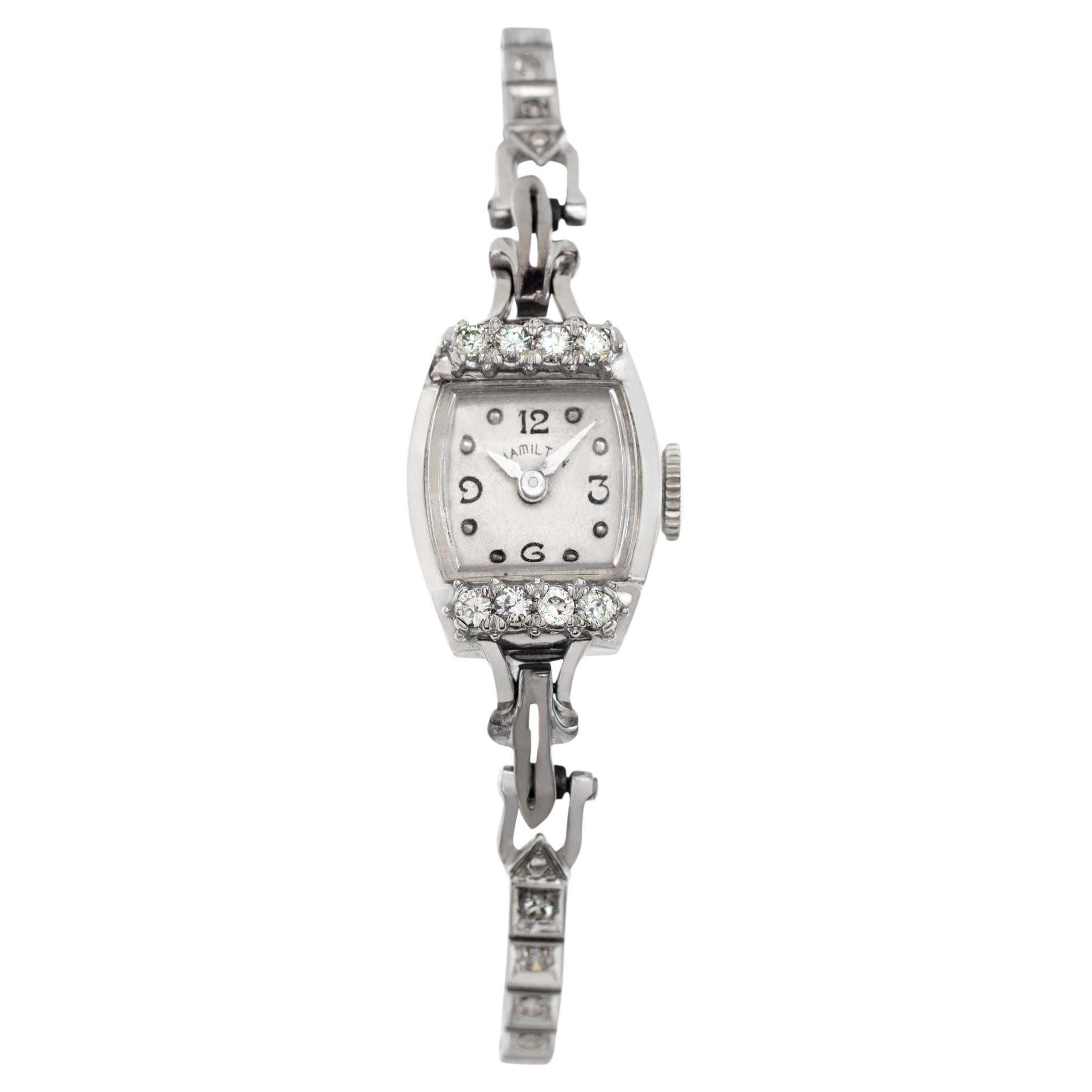 Hamilton Montre manuelle de 14 mm en or blanc avec cadran blanc