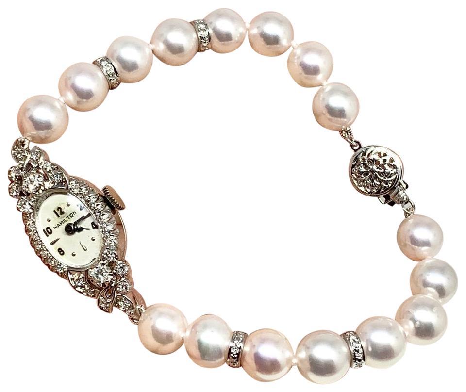 Fine Quality Akoya Pearl Diamond Bracelet Watch 14k Gold 8.5 mm 7.5