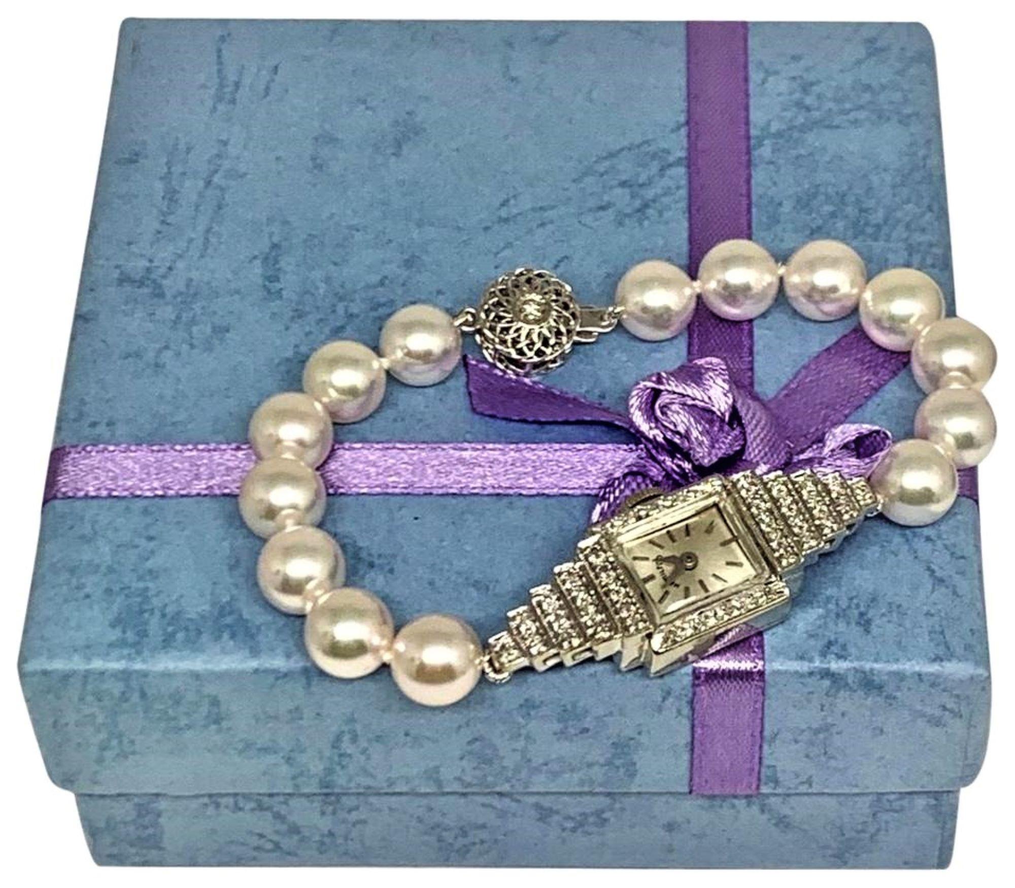 Modern Hamilton Diamond Akoya Pearl Watch Bracelet 14k Gold Certified