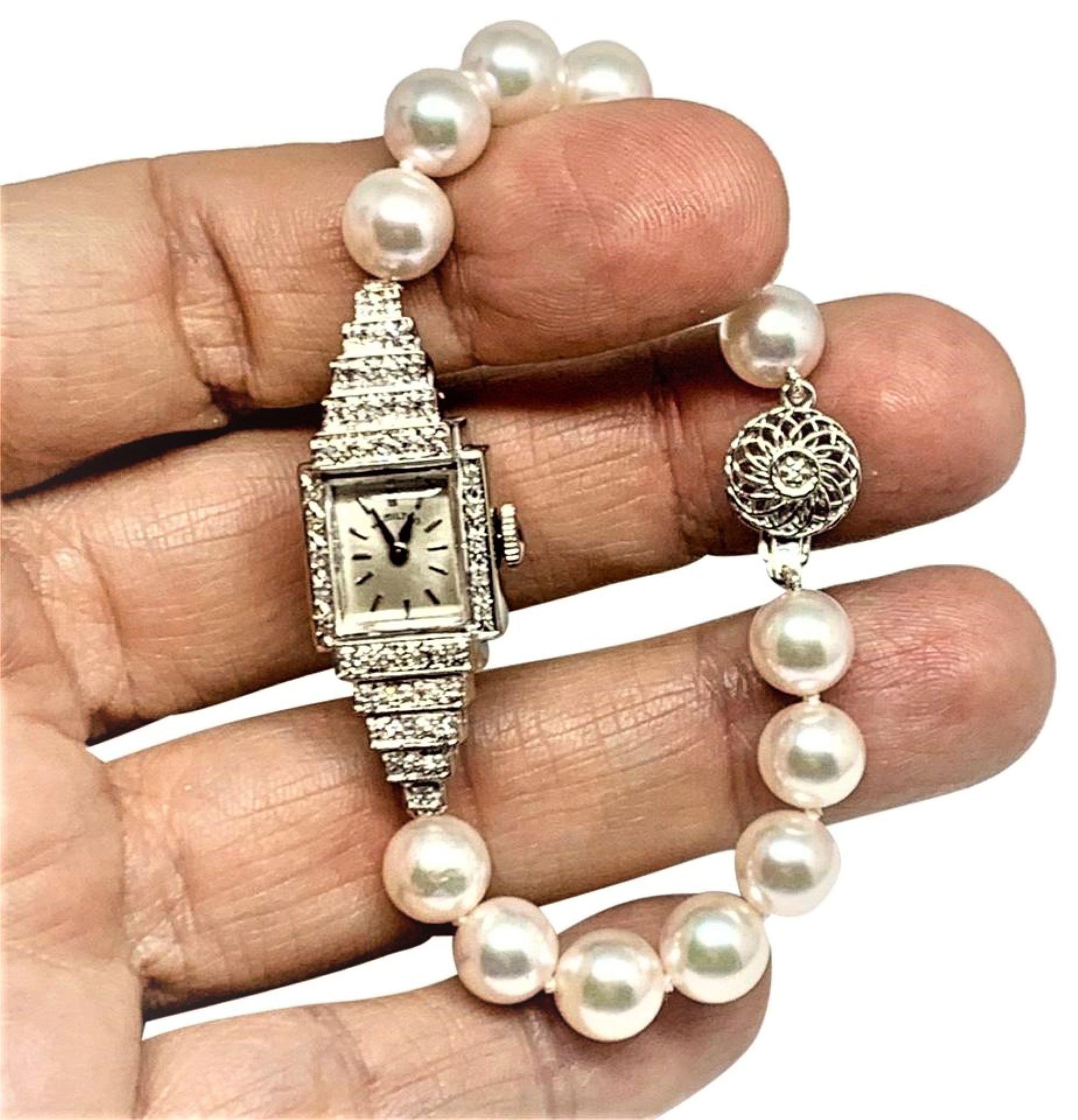 Round Cut Hamilton Diamond Akoya Pearl Watch Bracelet 14k Gold Certified