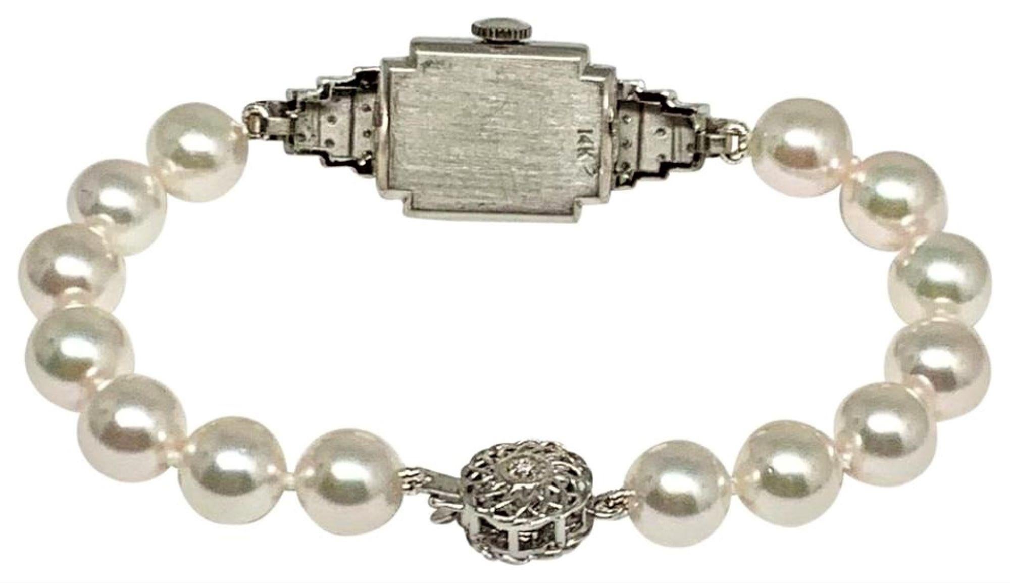 Hamilton Diamond Akoya Pearl Watch Bracelet 14k Gold Certified In New Condition In Brooklyn, NY