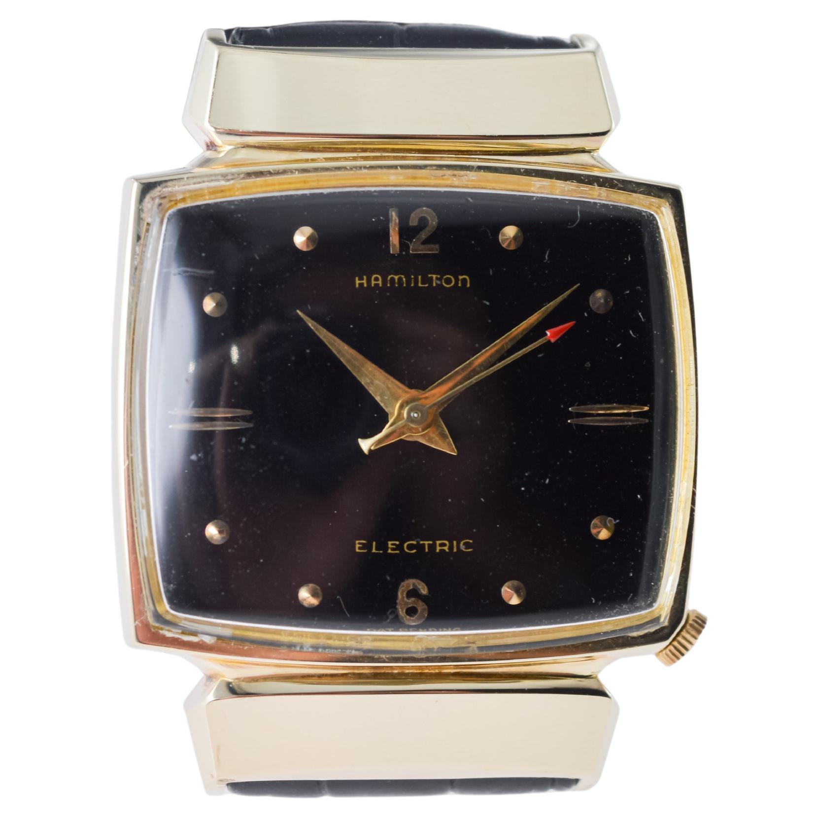 Hamilton Gold Filled 1950's Battery Watch Original Black Dial and Original Strap For Sale 5