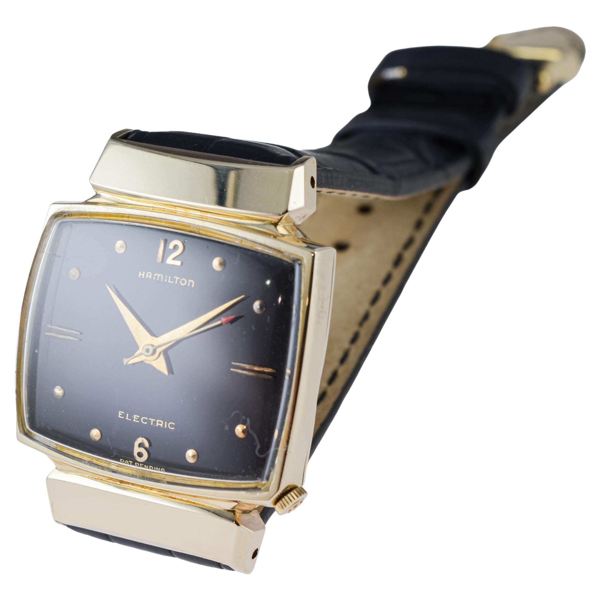 Hamilton Gold Filled 1950's Battery Watch Original Black Dial and Original Strap For Sale 6
