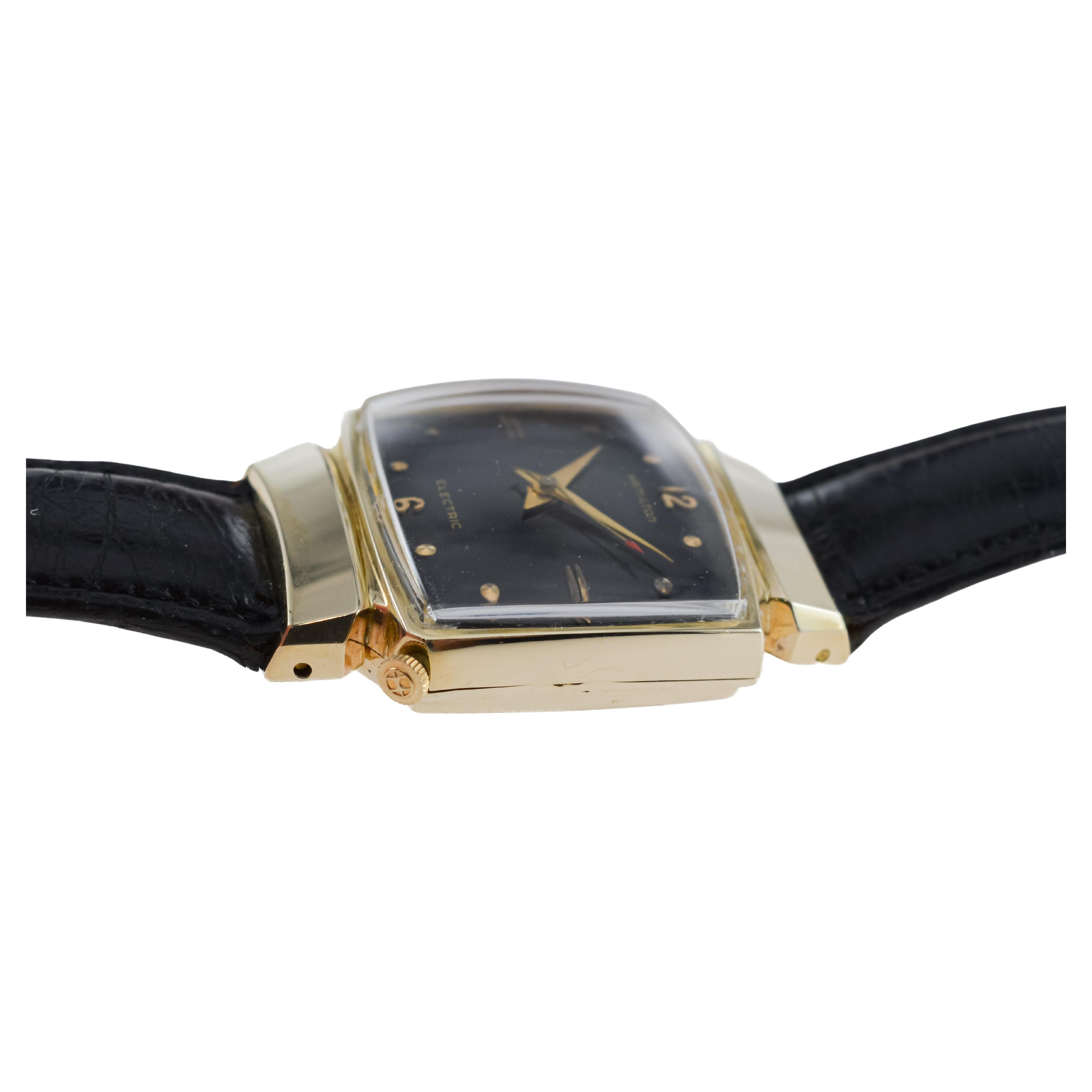 Hamilton Gold Filled 1950's Battery Watch Original Black Dial and Original Strap For Sale 7