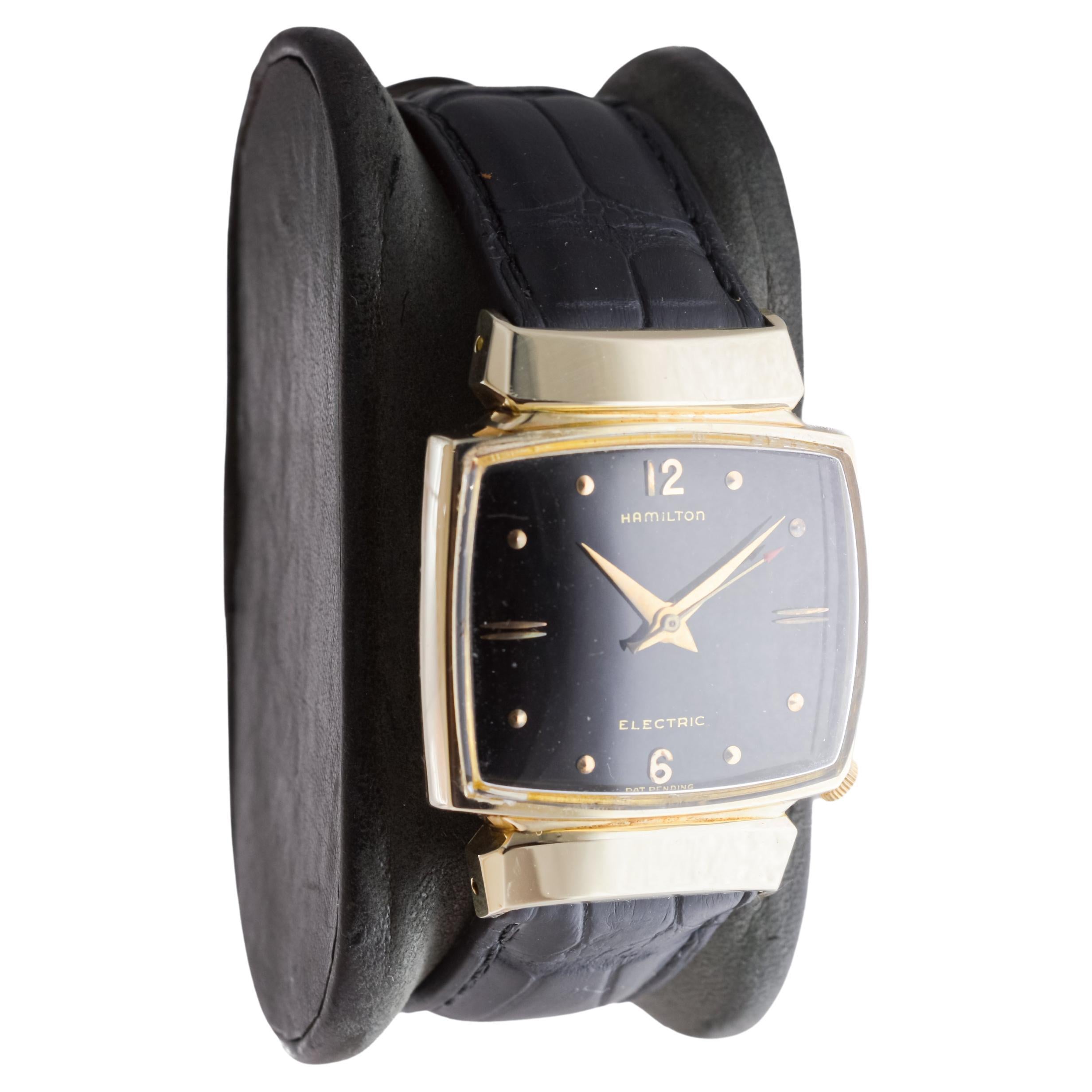 Art Deco Hamilton Gold Filled 1950's Battery Watch Original Black Dial and Original Strap For Sale