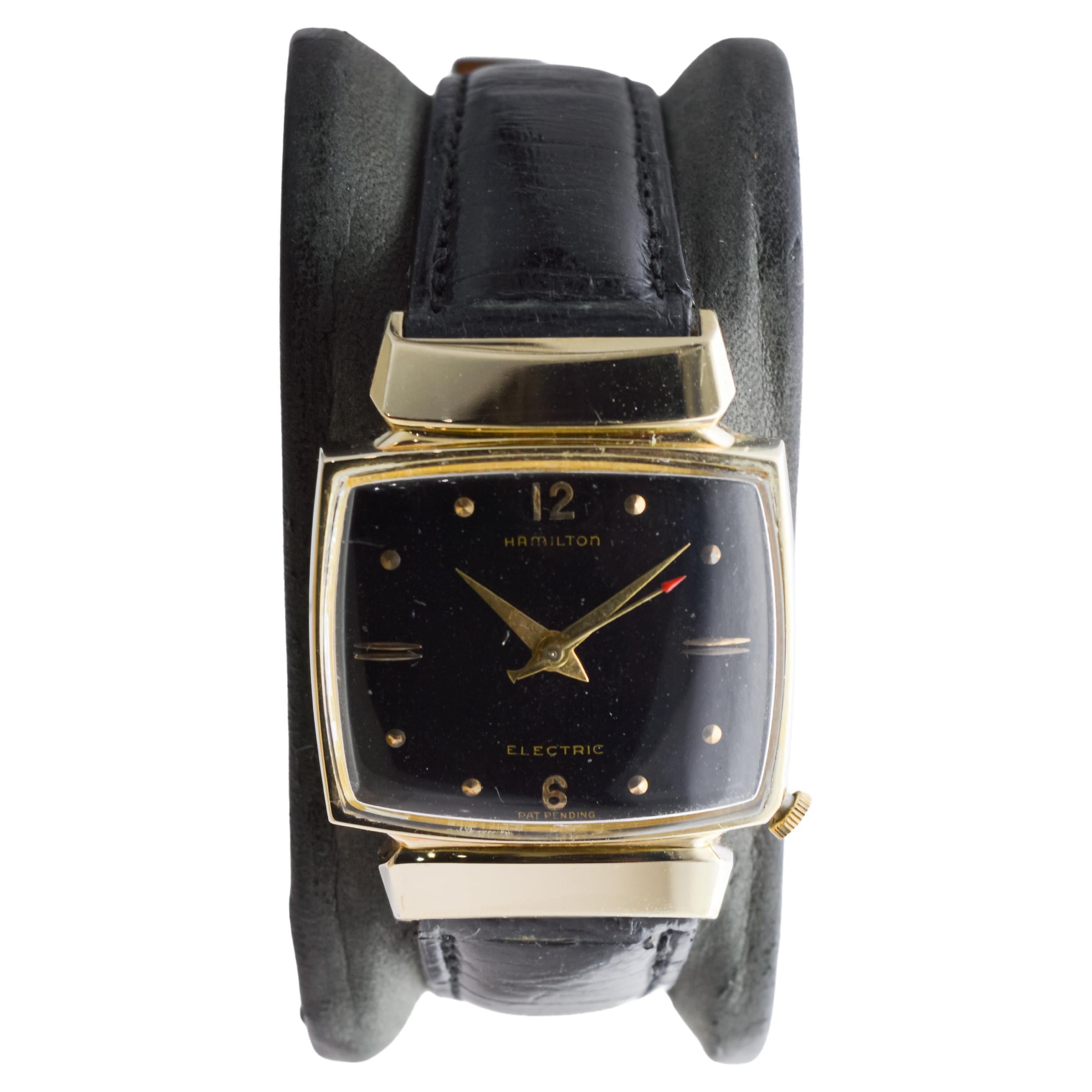 Hamilton Gold Filled 1950's Battery Watch Original Black Dial and Original Strap In Excellent Condition For Sale In Long Beach, CA