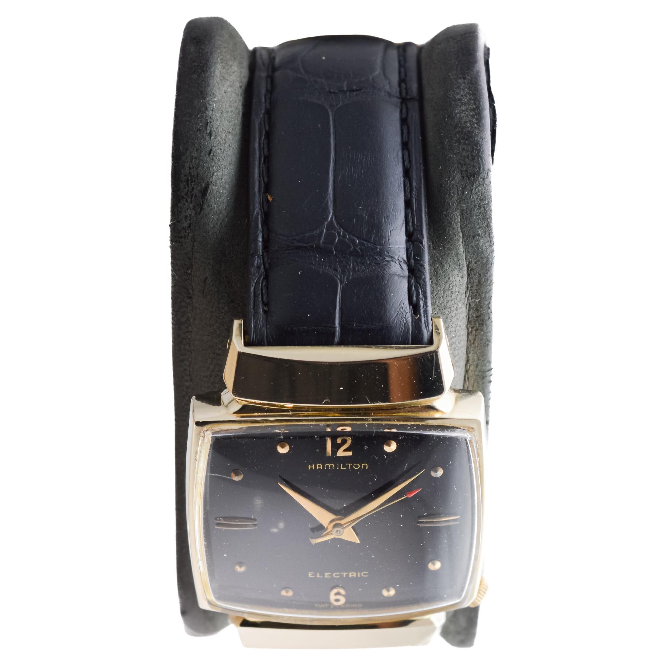 Women's or Men's Hamilton Gold Filled 1950's Battery Watch Original Black Dial and Original Strap For Sale