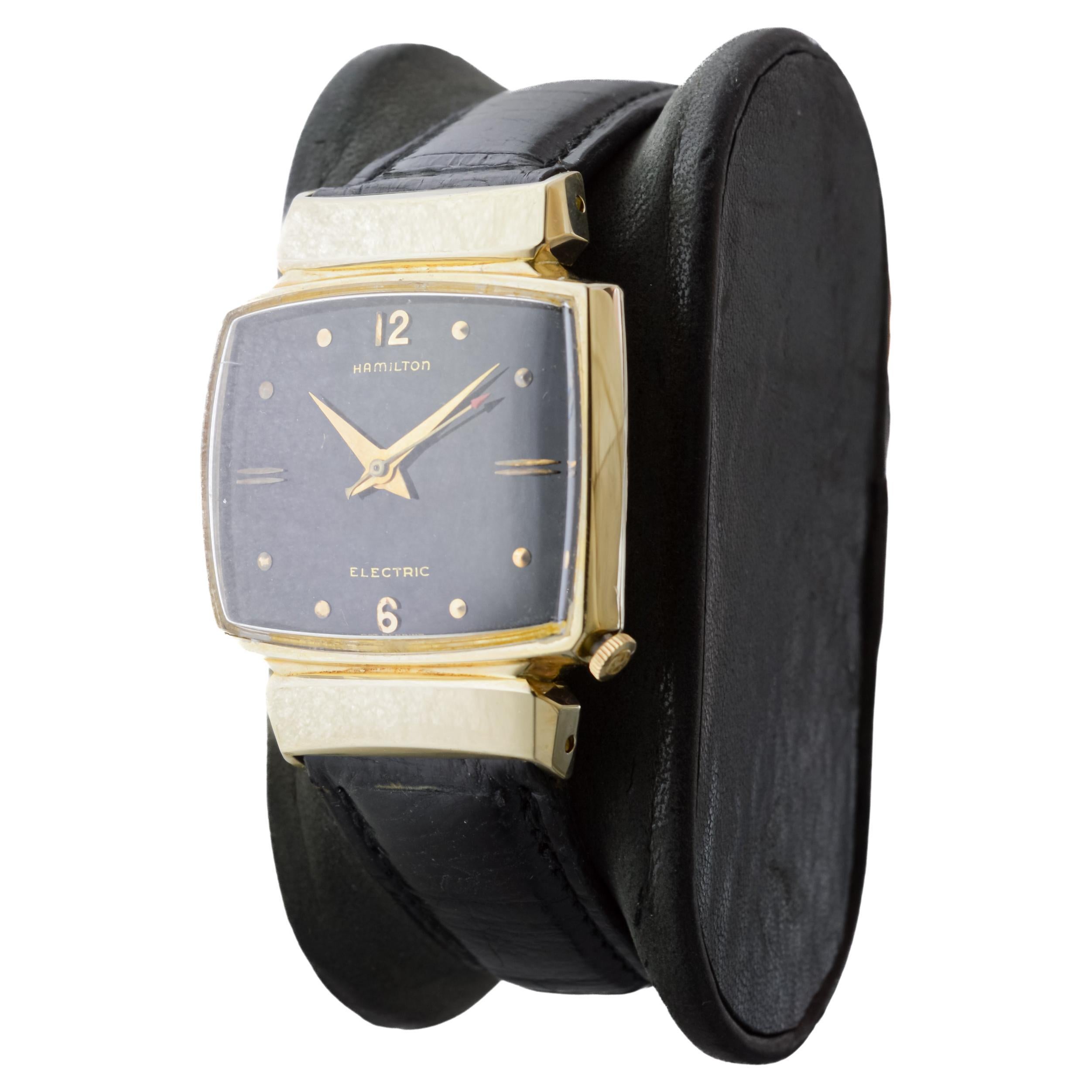 Hamilton Gold Filled 1950's Battery Watch Original Black Dial and Original Strap For Sale 1