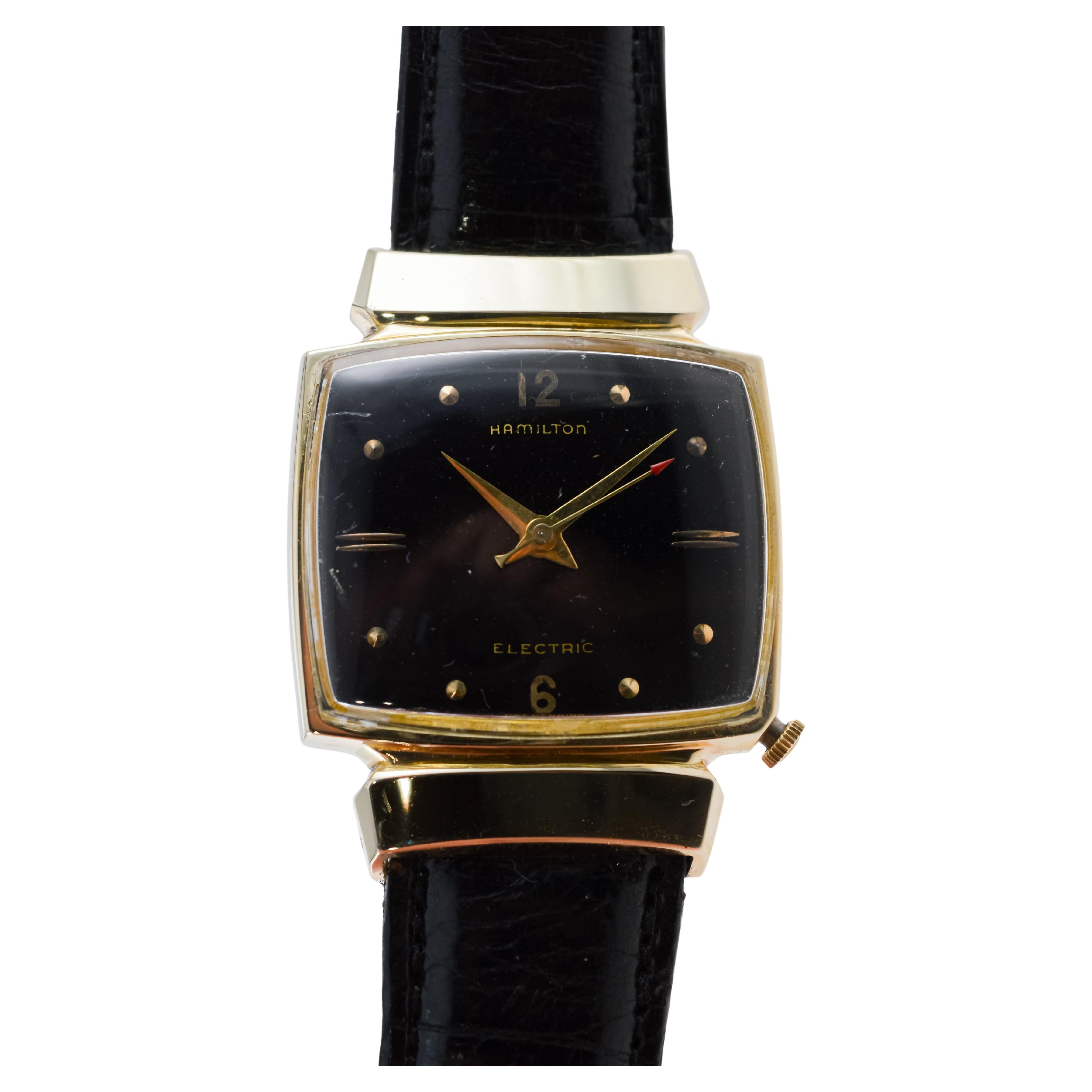 Hamilton Gold Filled 1950's Battery Watch Original Black Dial and Original Strap For Sale 2