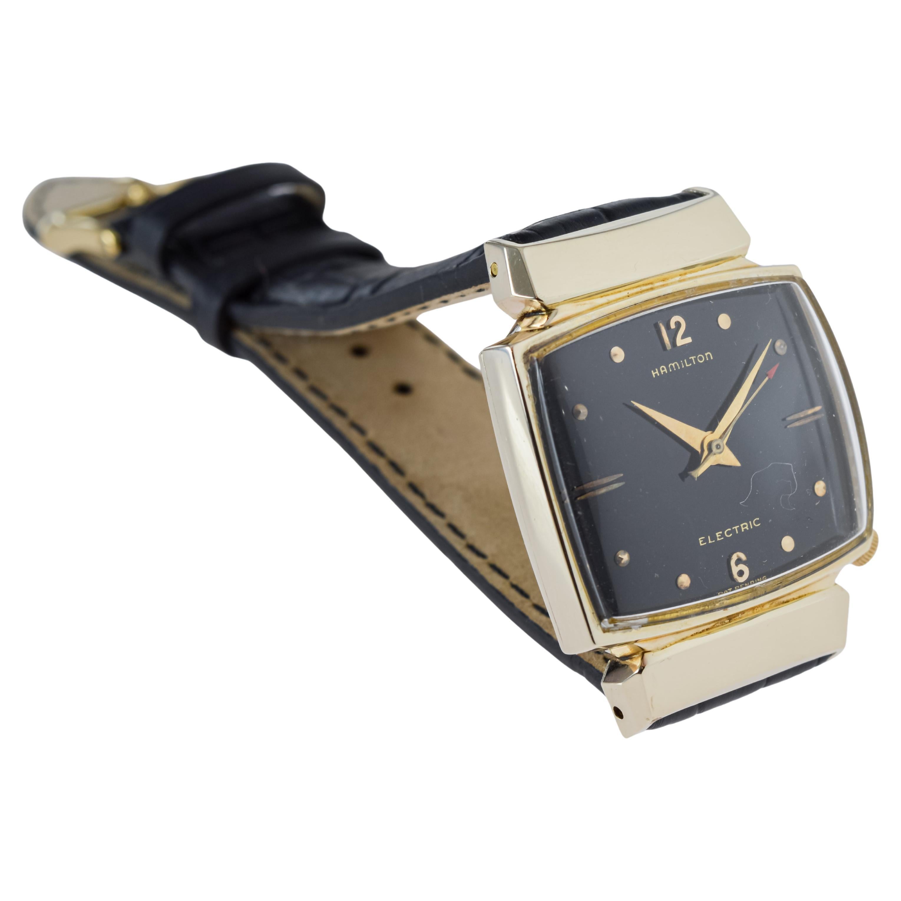 Hamilton Gold Filled 1950's Battery Watch Original Black Dial and Original Strap For Sale 3
